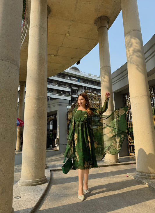 Midi Gown with Shrug Set || Koti Gown Set || Long Shrug With Midi || Green