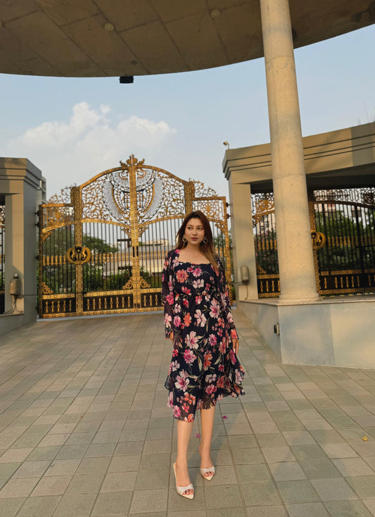 Midi Gown with Shrug Set || Koti Gown Set || Shrug + Midi || Deep Blue Floral