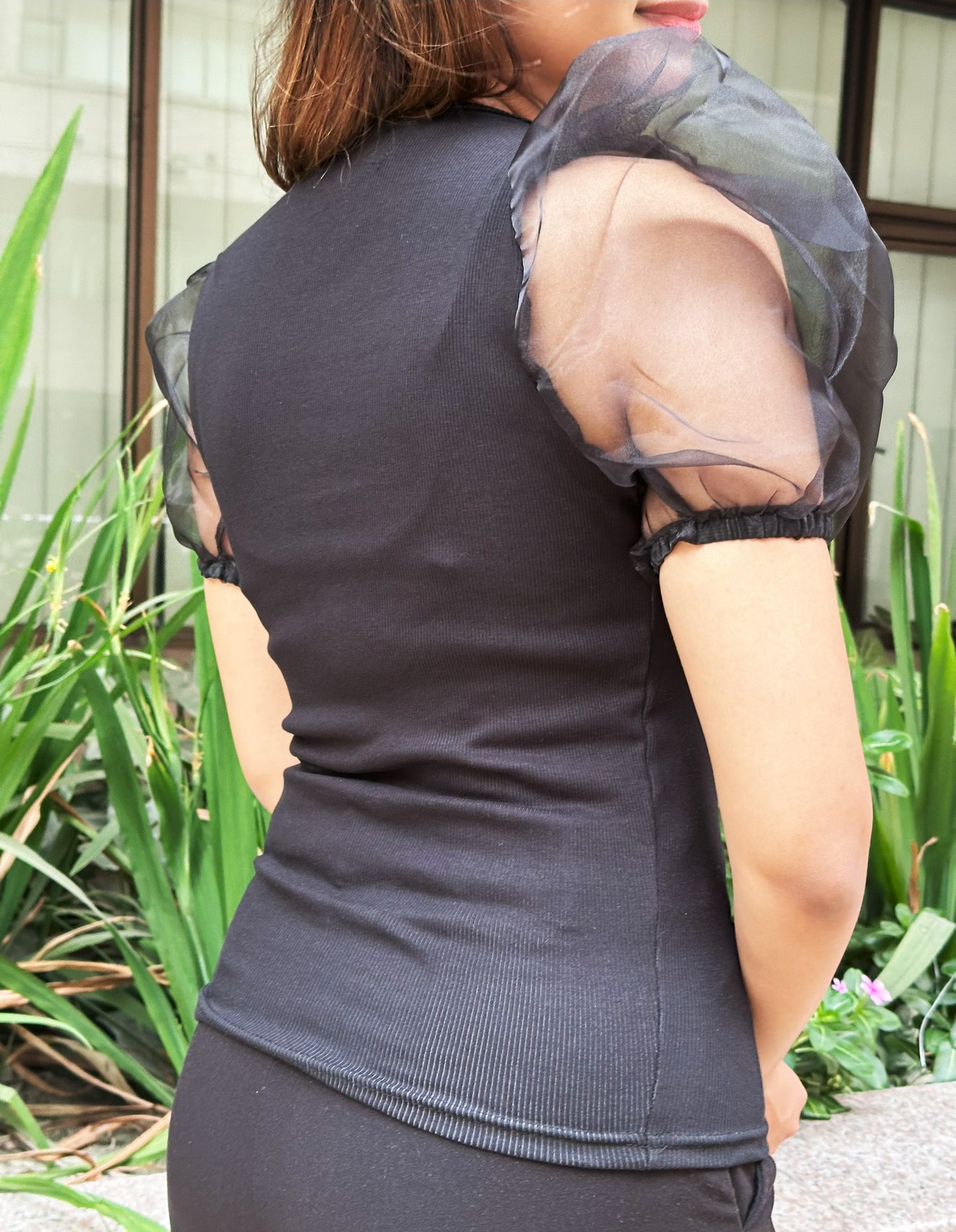 Mesh Puffy Sleeve Tops || Black