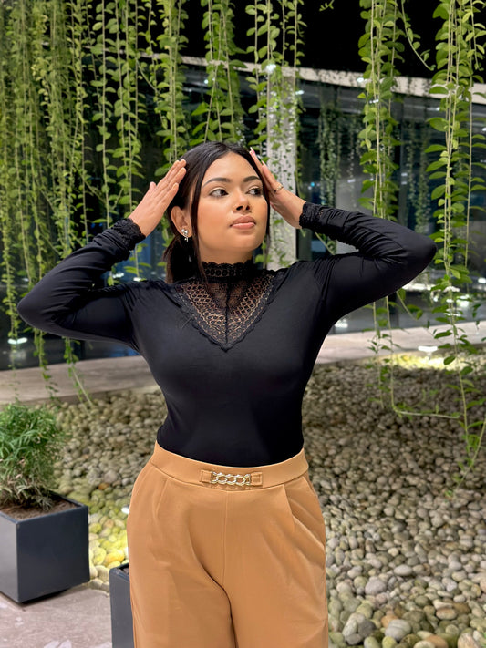 Women’s Black High Neck Lace Tee | Stylish Slim Fit Casual Wear