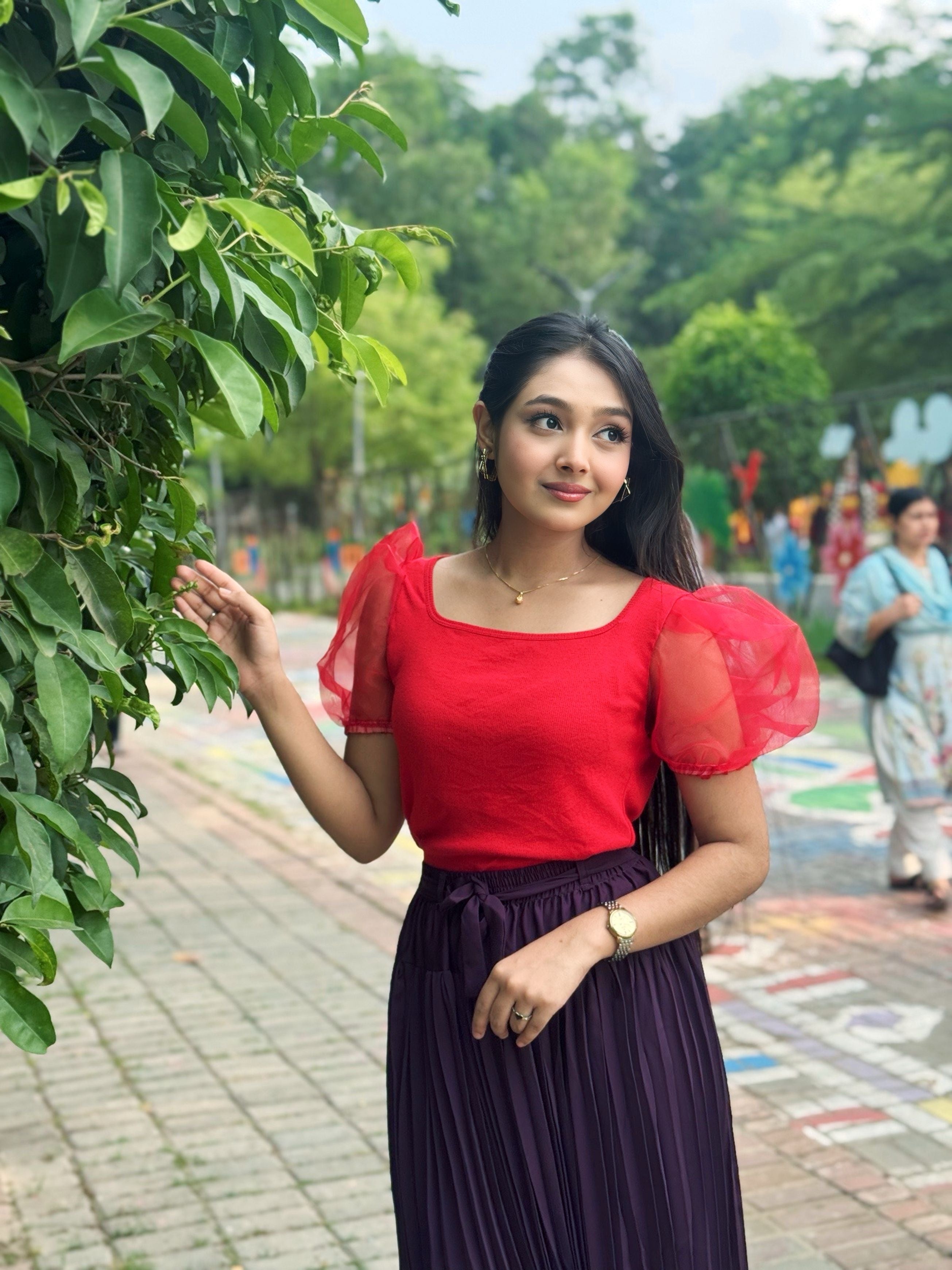 Mesh Puffy Sleeve Tops || Red