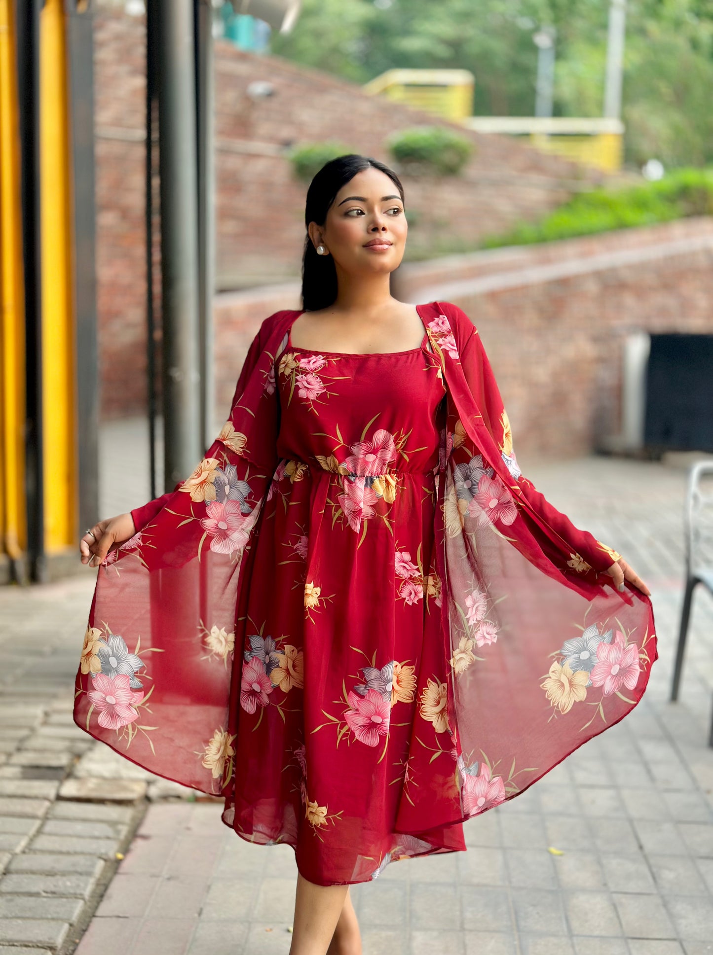 Midi Gown with Shrug Set || Koti Gown Set || Shrug + Midi || Maroon Floral