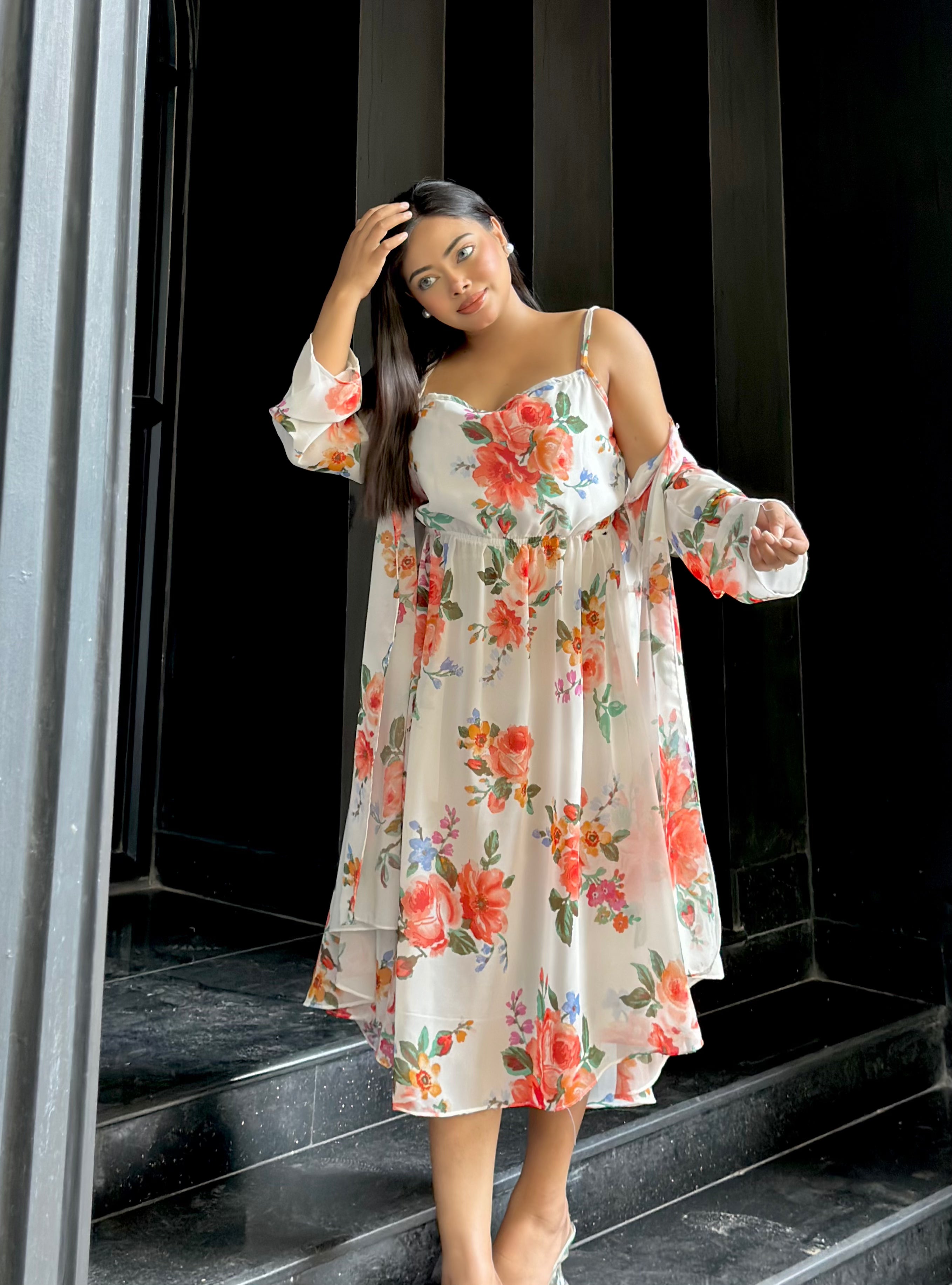 Midi Gown with Shrug Set || Koti Gown Set || Shrug + Midi || White Floral