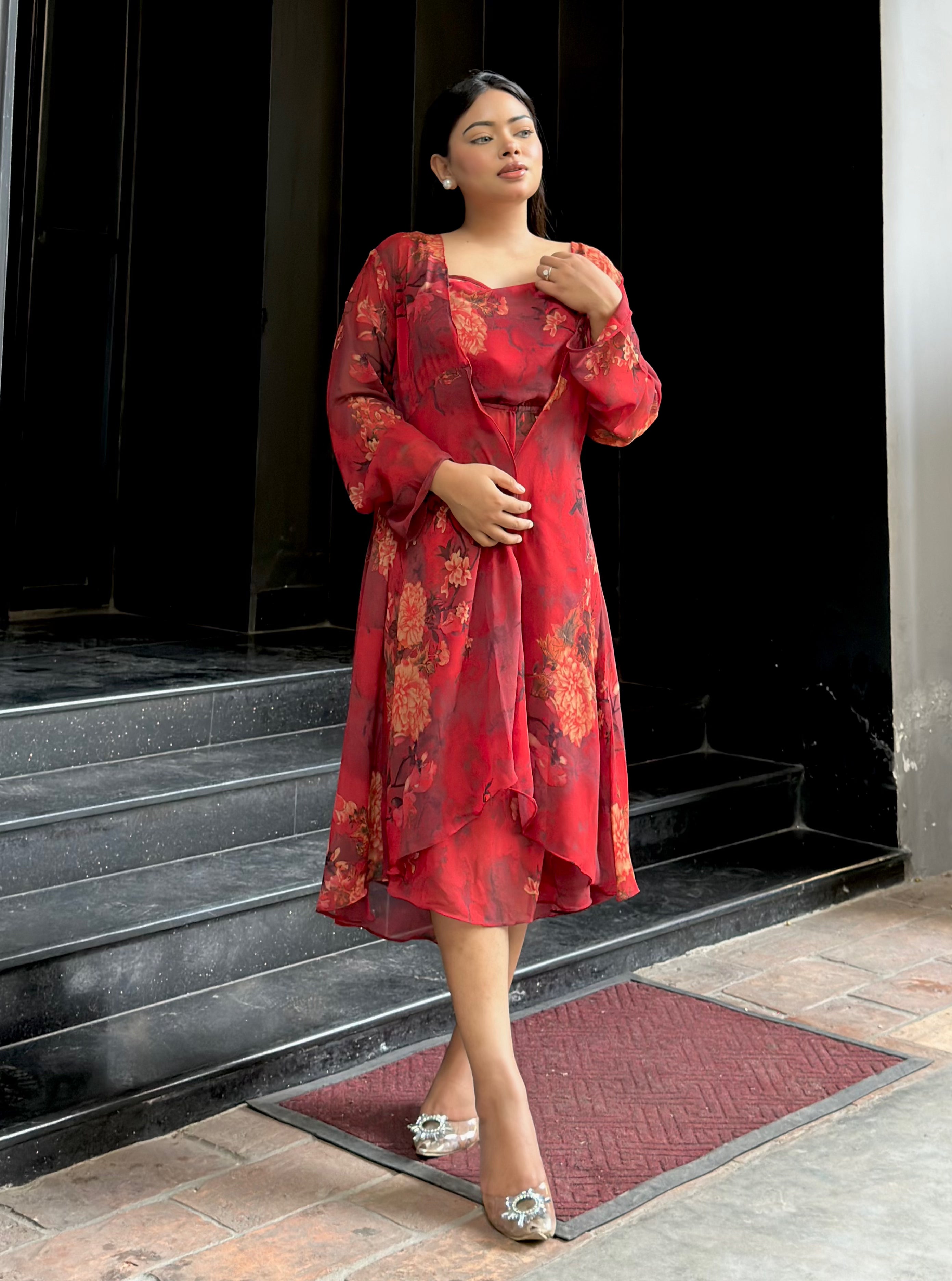 Midi Gown with Shrug Set || Koti Gown Set || Shrug + Midi || Maroon Floral