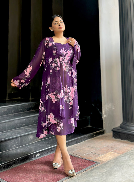 Midi Gown with Shrug Set || Koti Gown Set || Shrug + Midi || Purple Floral
