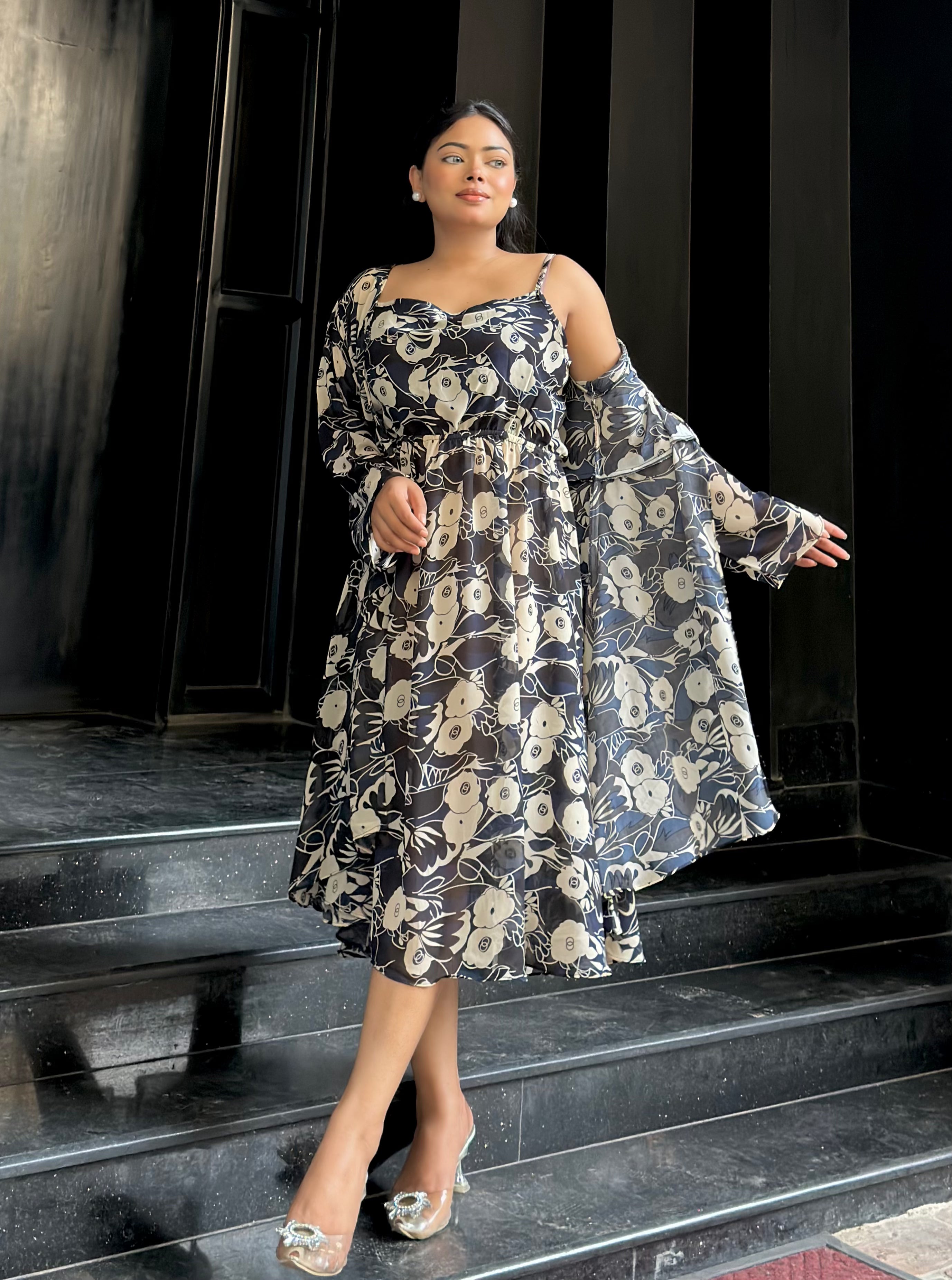 Midi Gown with Shrug Set || Koti Gown Set || Shrug + Midi || Black Floral