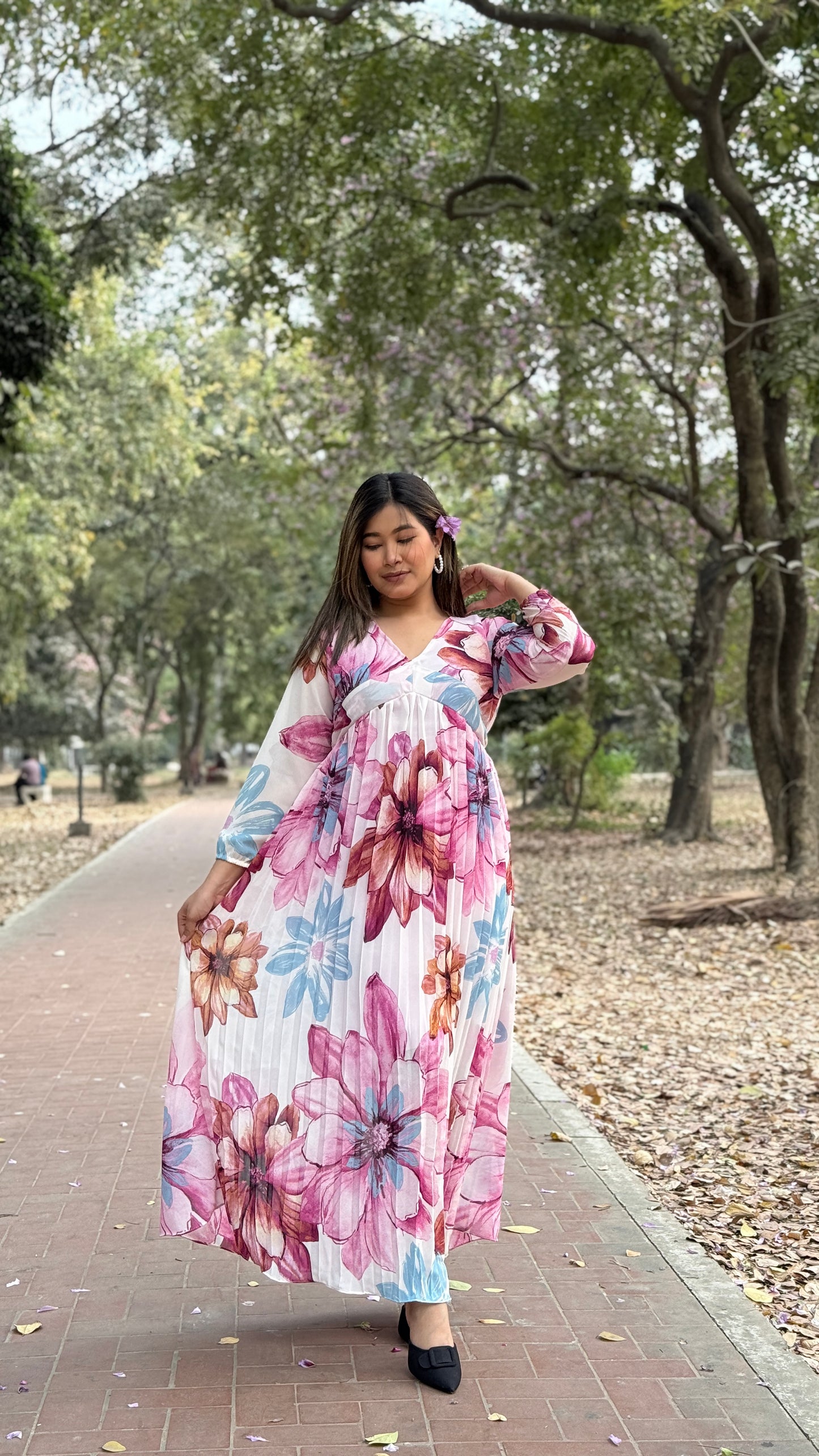 Pleated Gown || Long Beach Gown || Tour Gown || Alia Cut Gown || Floral