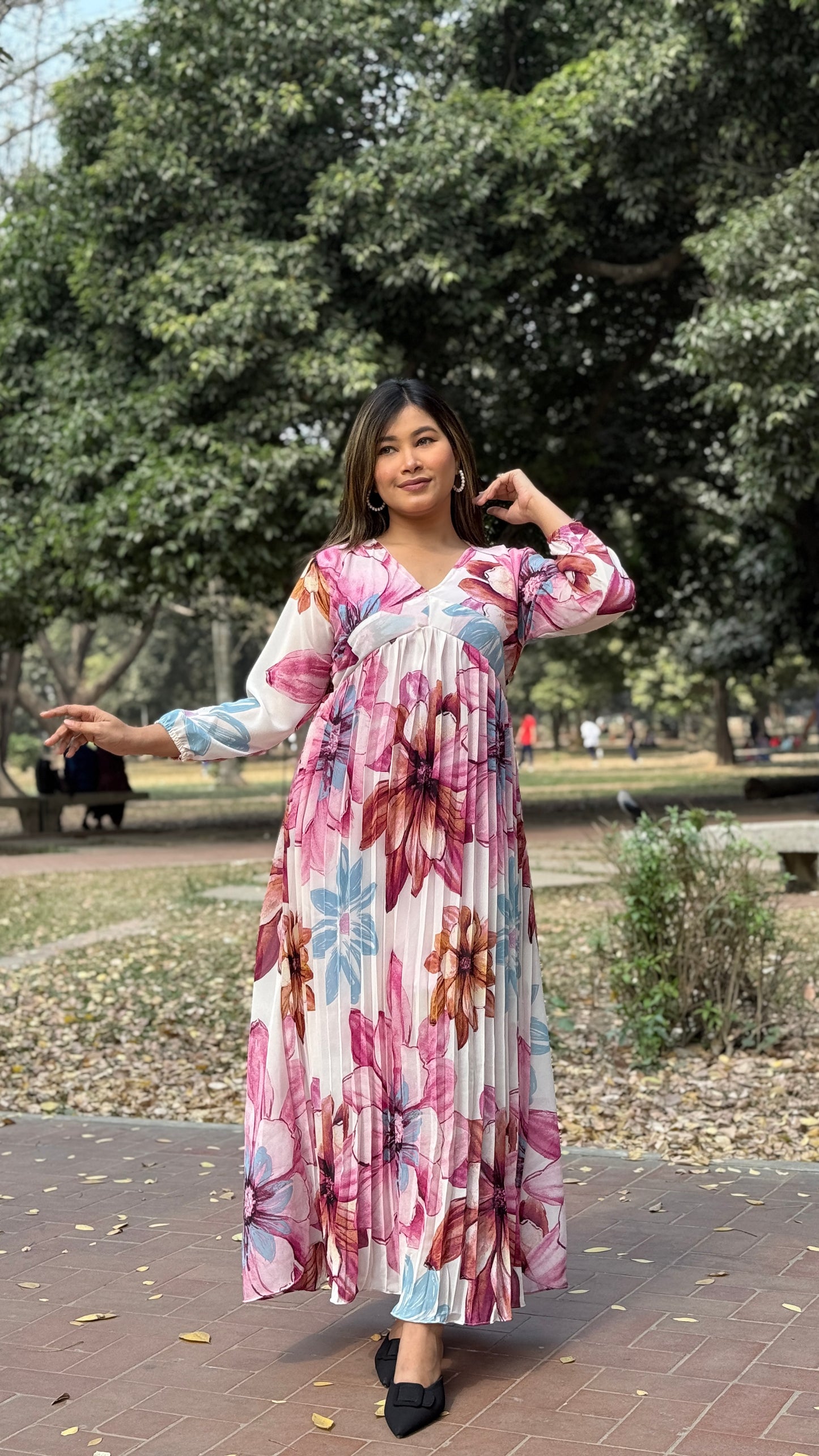 Pleated Gown || Long Beach Gown || Tour Gown || Alia Cut Gown || Floral
