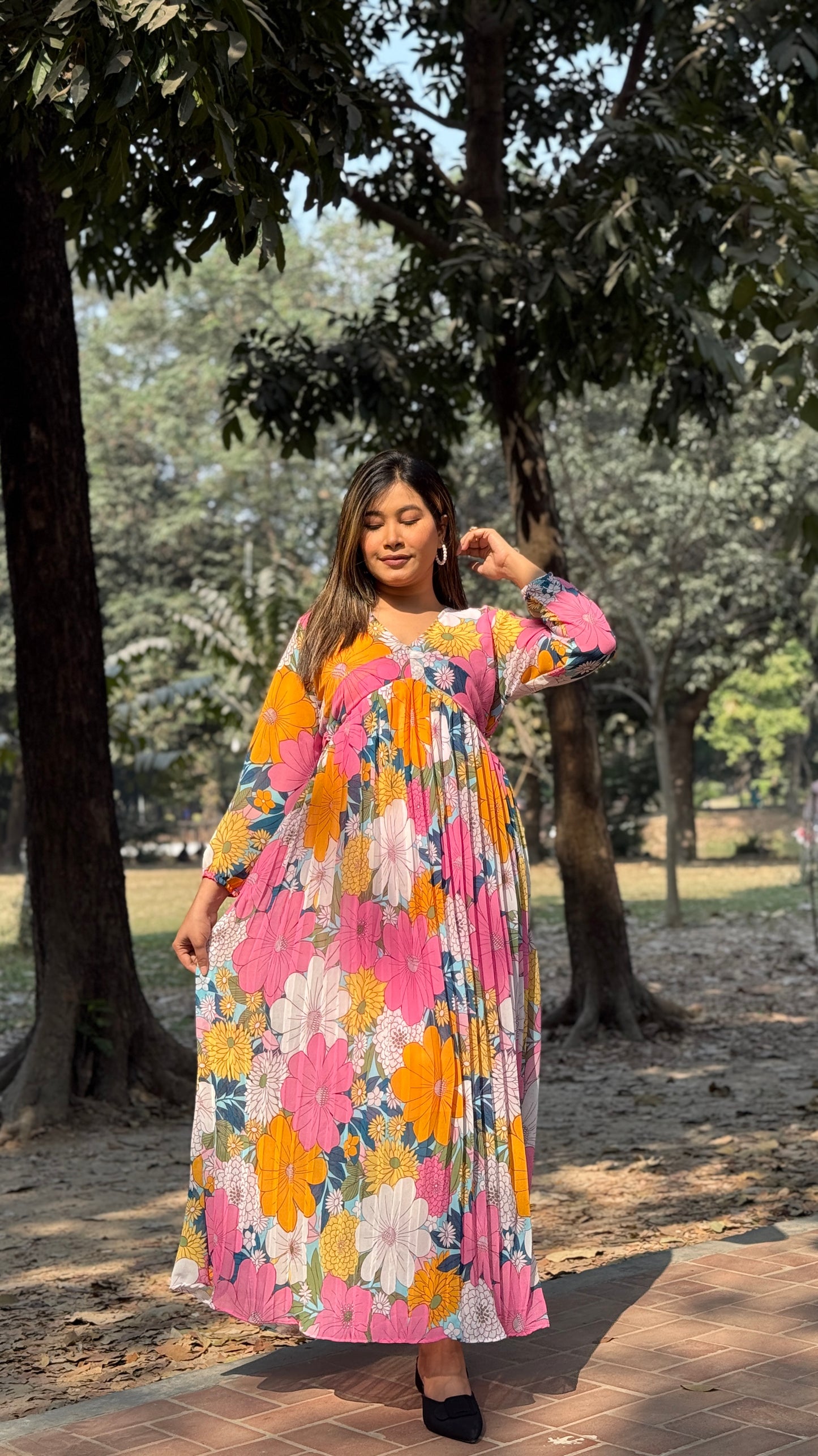 Pleated Gown || Long Beach Gown || Tour Gown || Alia Cut Gown || Multi Floral