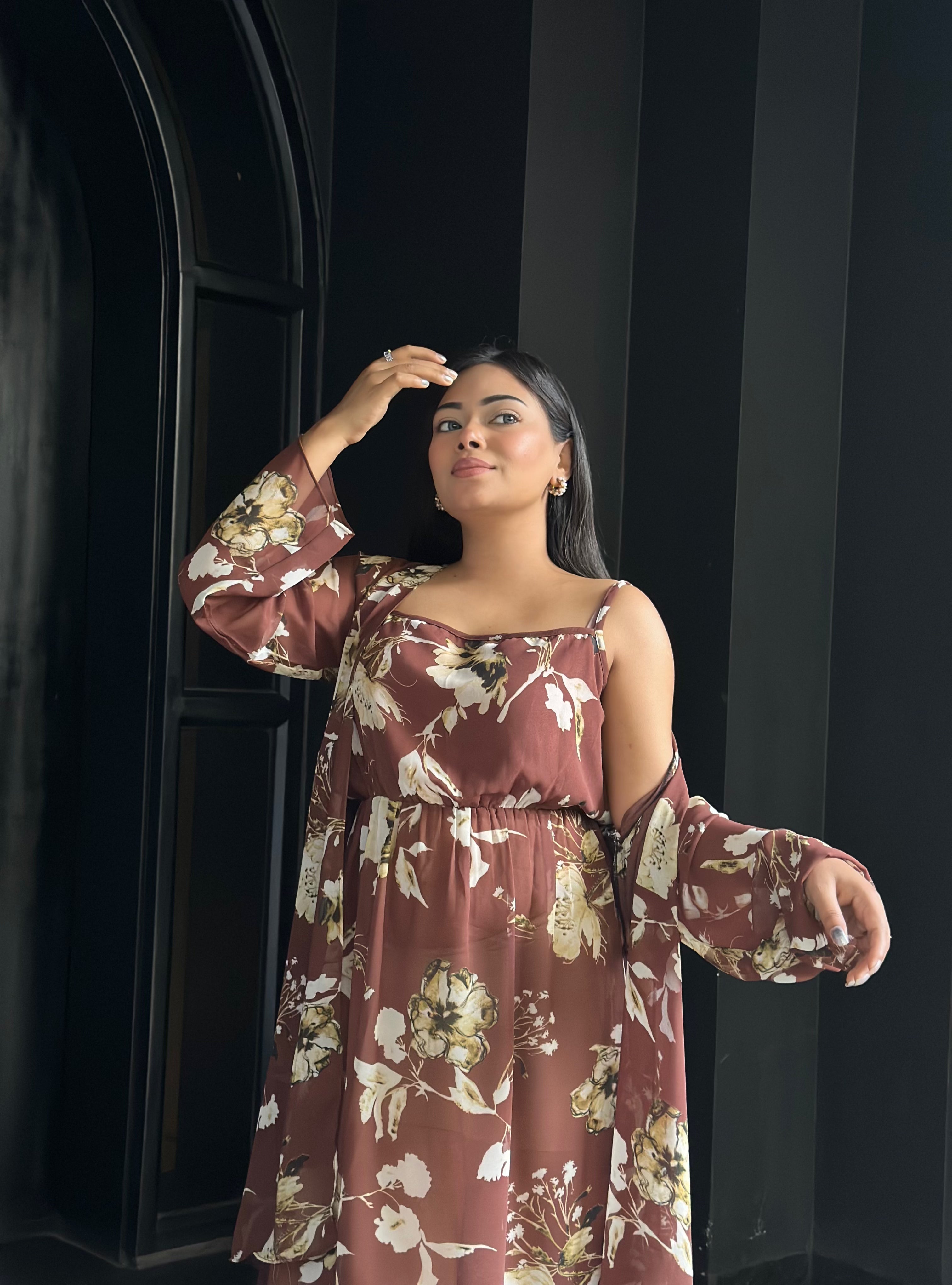 Midi Gown with Shrug Set || Koti Gown Set || Long Shrug With Midi || Brown