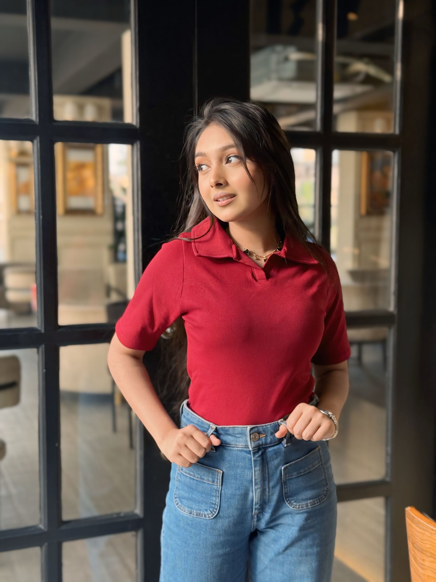 Crop Polo T-Shirt || Red Maroon