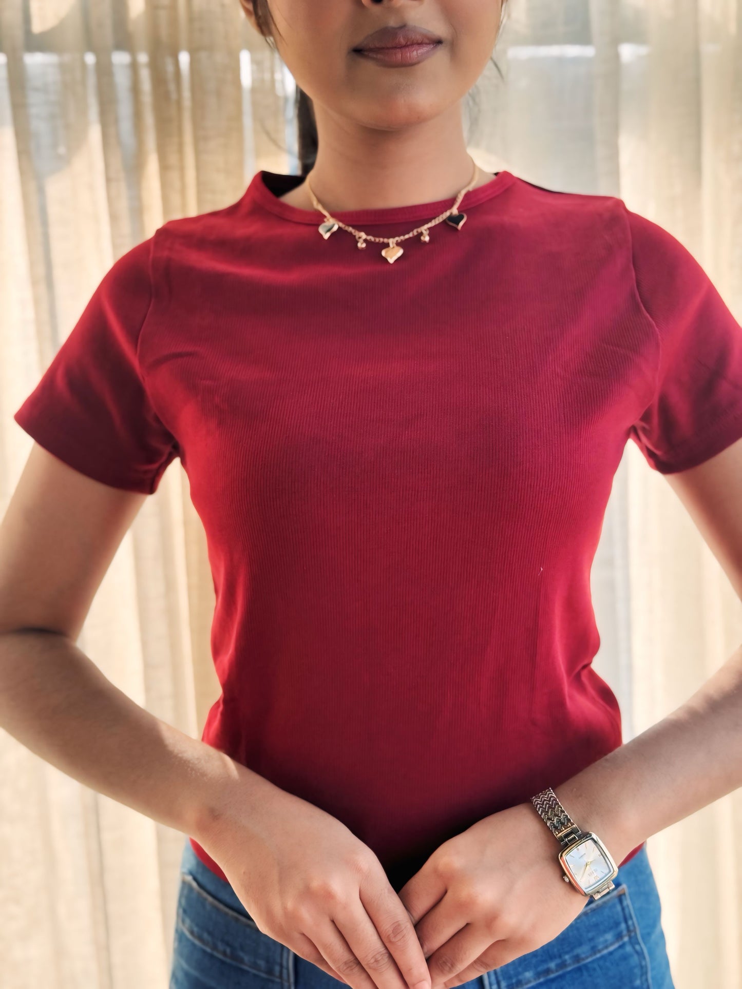 Crop O-Neck T-shirt || Red Maroon