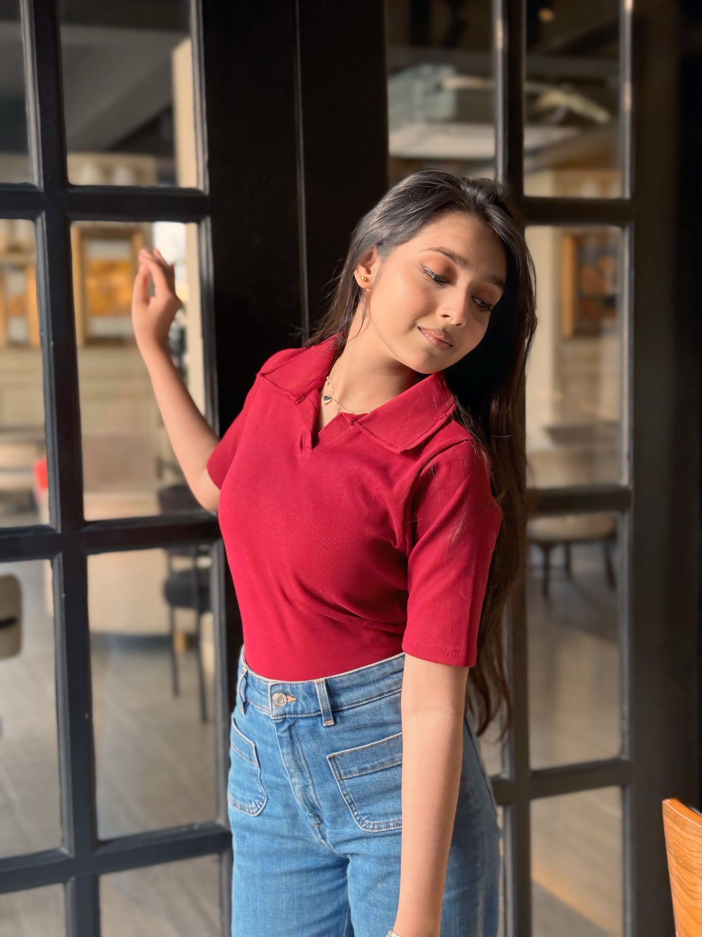 Crop Polo T-Shirt || Red Maroon