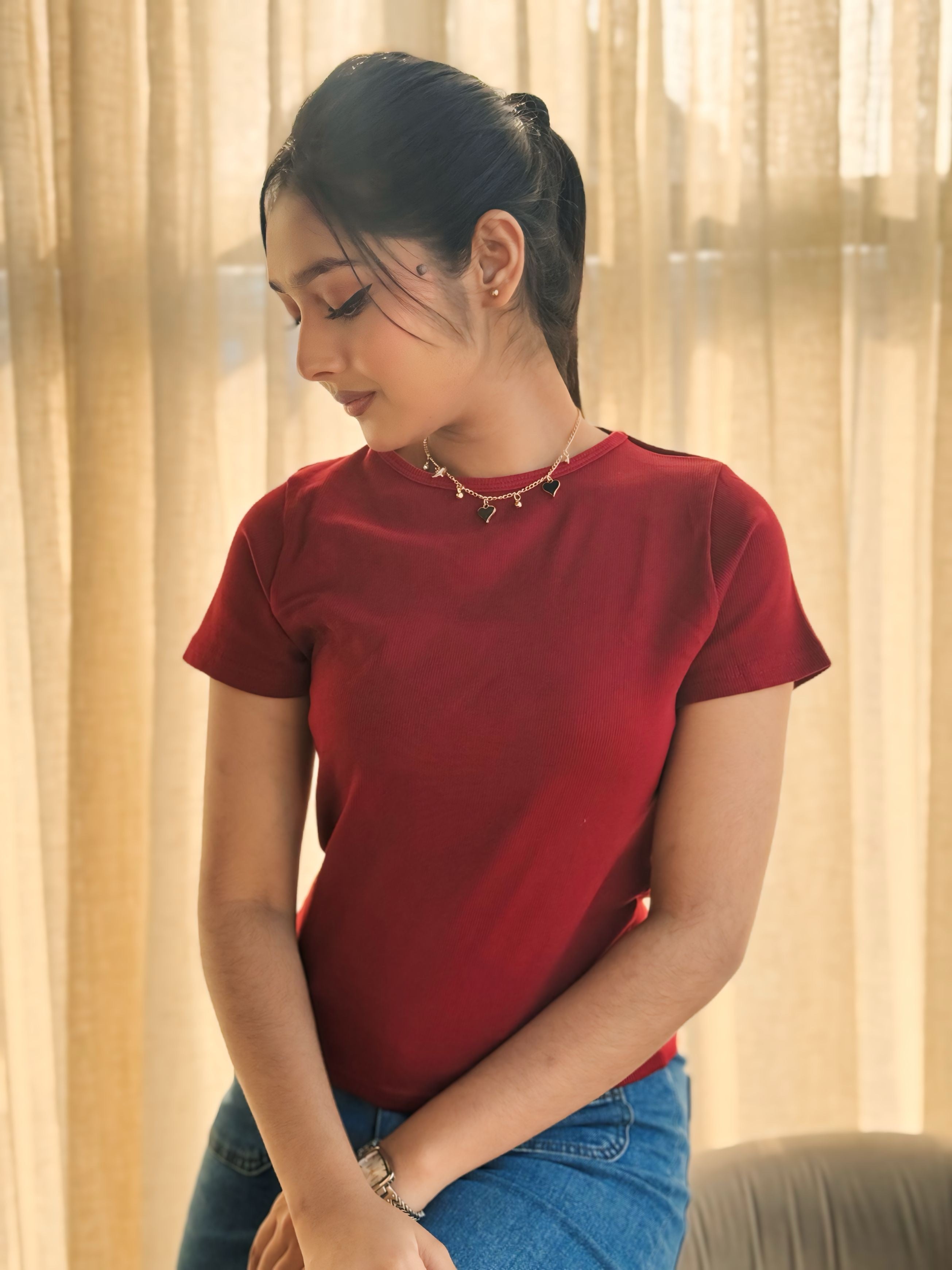 Crop O-Neck T-shirt || Red Maroon