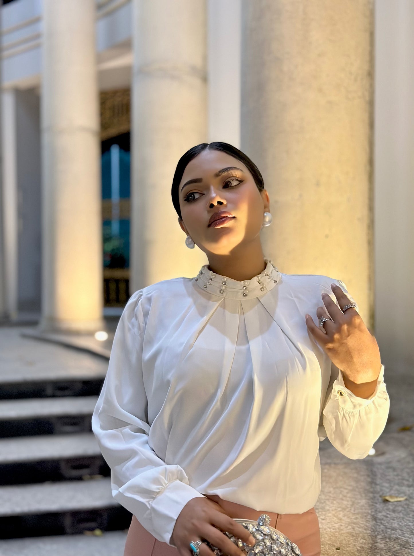 White China Imported Premium Stone-Neck Top | Loose Fit Full Sleeve Top for Women