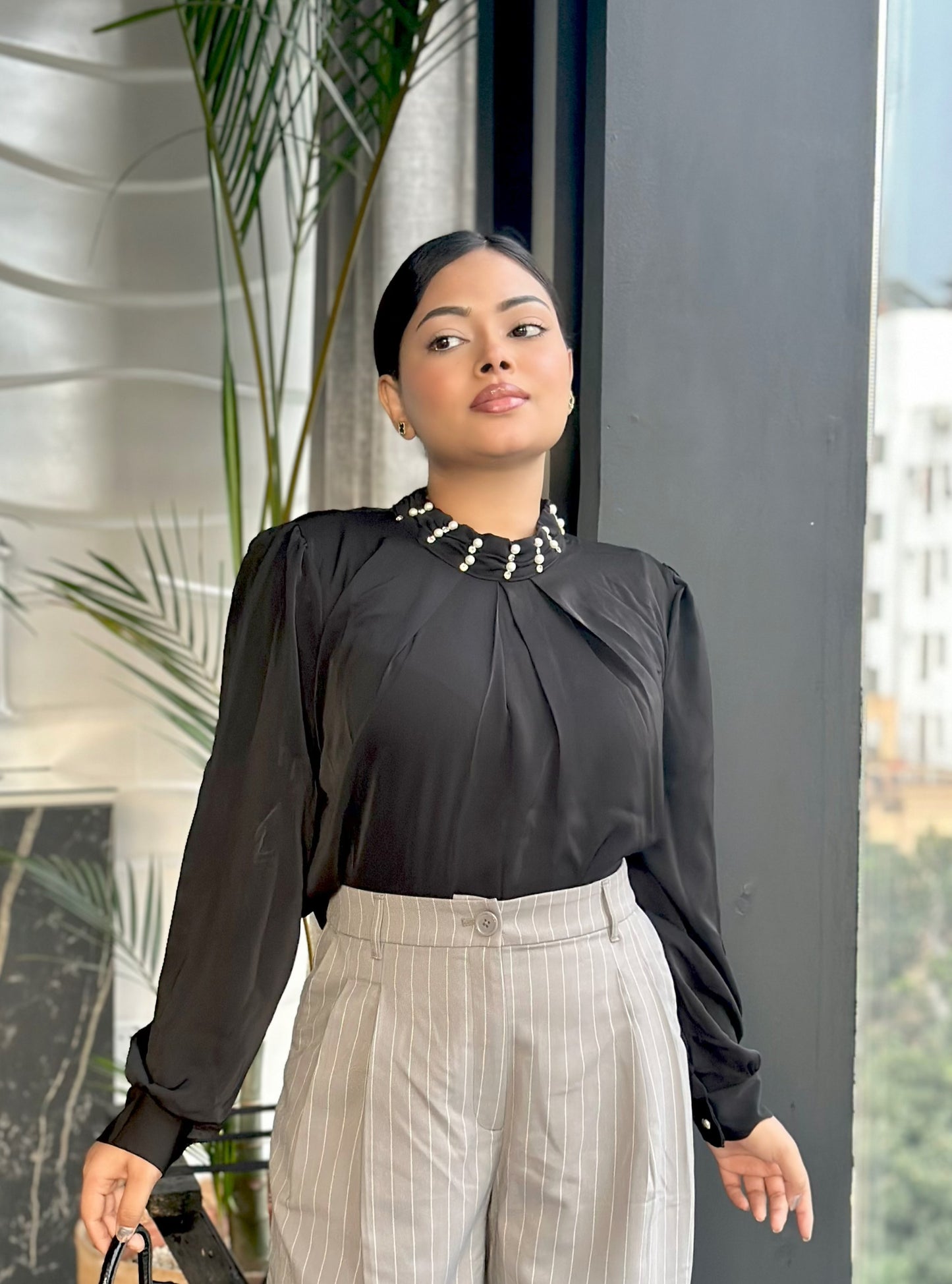 Black China Imported Premium Stone-Neck Top | Loose Fit Full Sleeve Top for Women