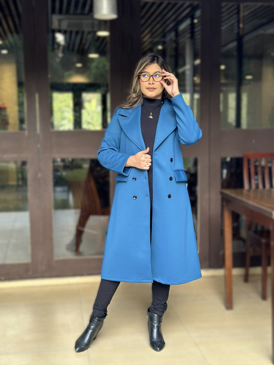 Special Ladies Long Overcoat – 6 Button Design with Front Pocket || Sea Blue