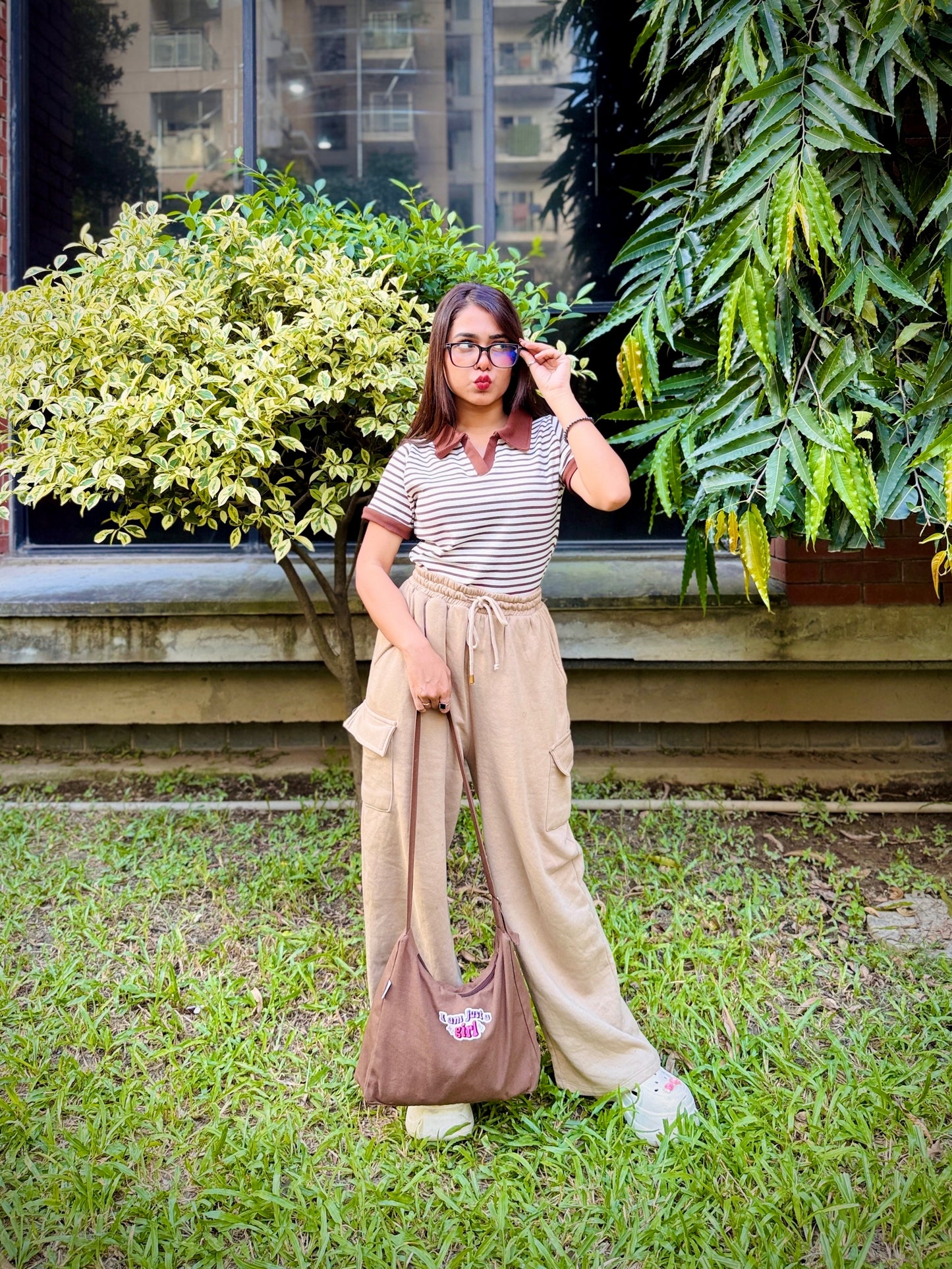 Ladies Contrast Polo T-Shirt – Stylish Casual Wear || Brown & White Stripe