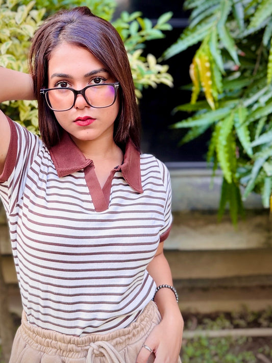 Ladies Contrast Polo T-Shirt – Stylish Casual Wear || Brown & White Stripe
