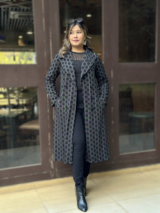 Special Ladies Long Overcoat in B Check || Black