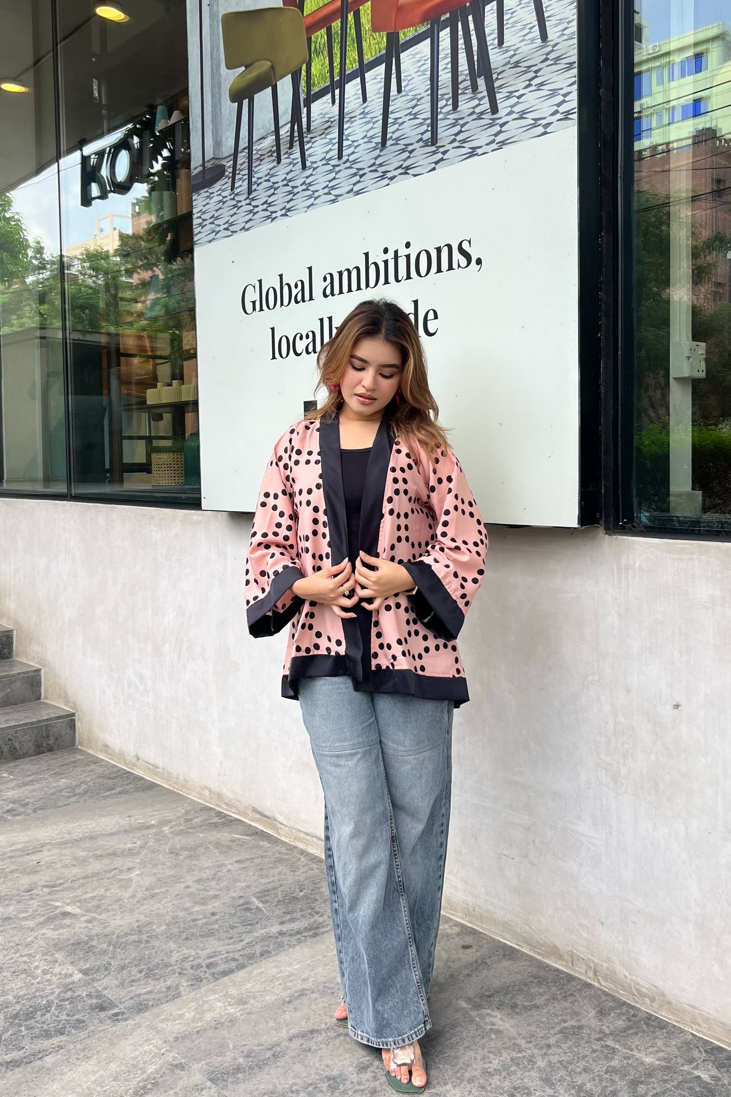 Ladies Short Kimono – Trendy Summer Wrap || Misty Black Polka Dot