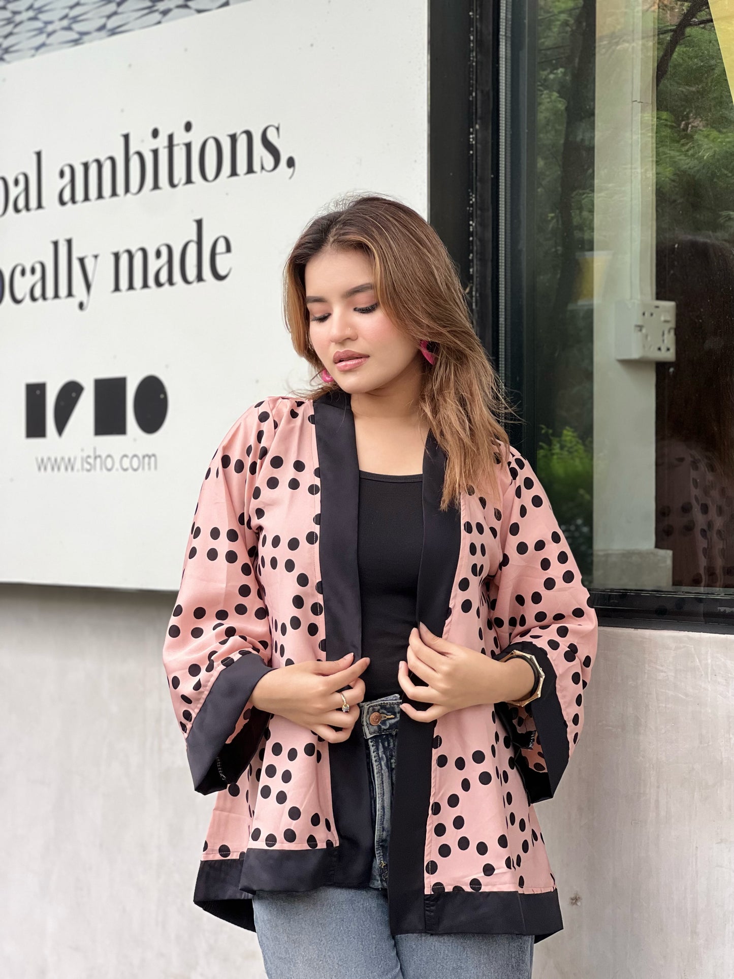 Ladies Short Kimono – Trendy Summer Wrap || Misty Black Polka Dot