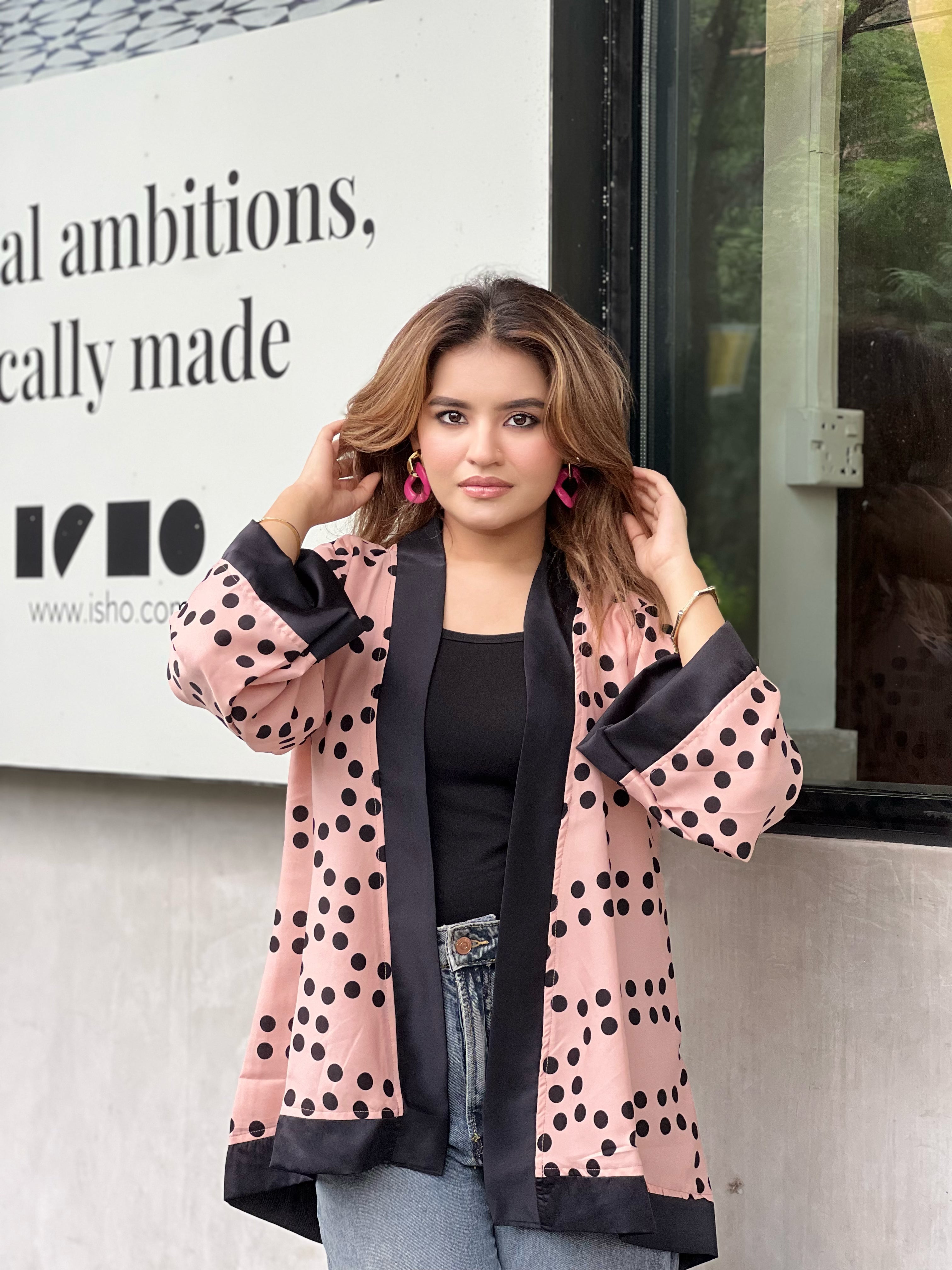 Ladies Short Kimono – Trendy Summer Wrap || Misty Black Polka Dot