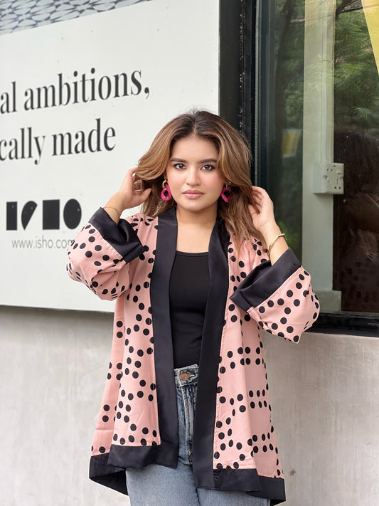 Ladies Short Kimono – Trendy Summer Wrap || Misty Black Polka Dot