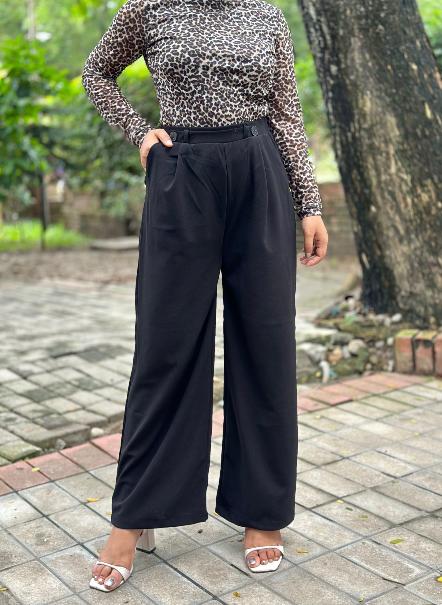 Ladies Wide Leg Pant 2 Button || Ladies Wide Leg Trousers || Black