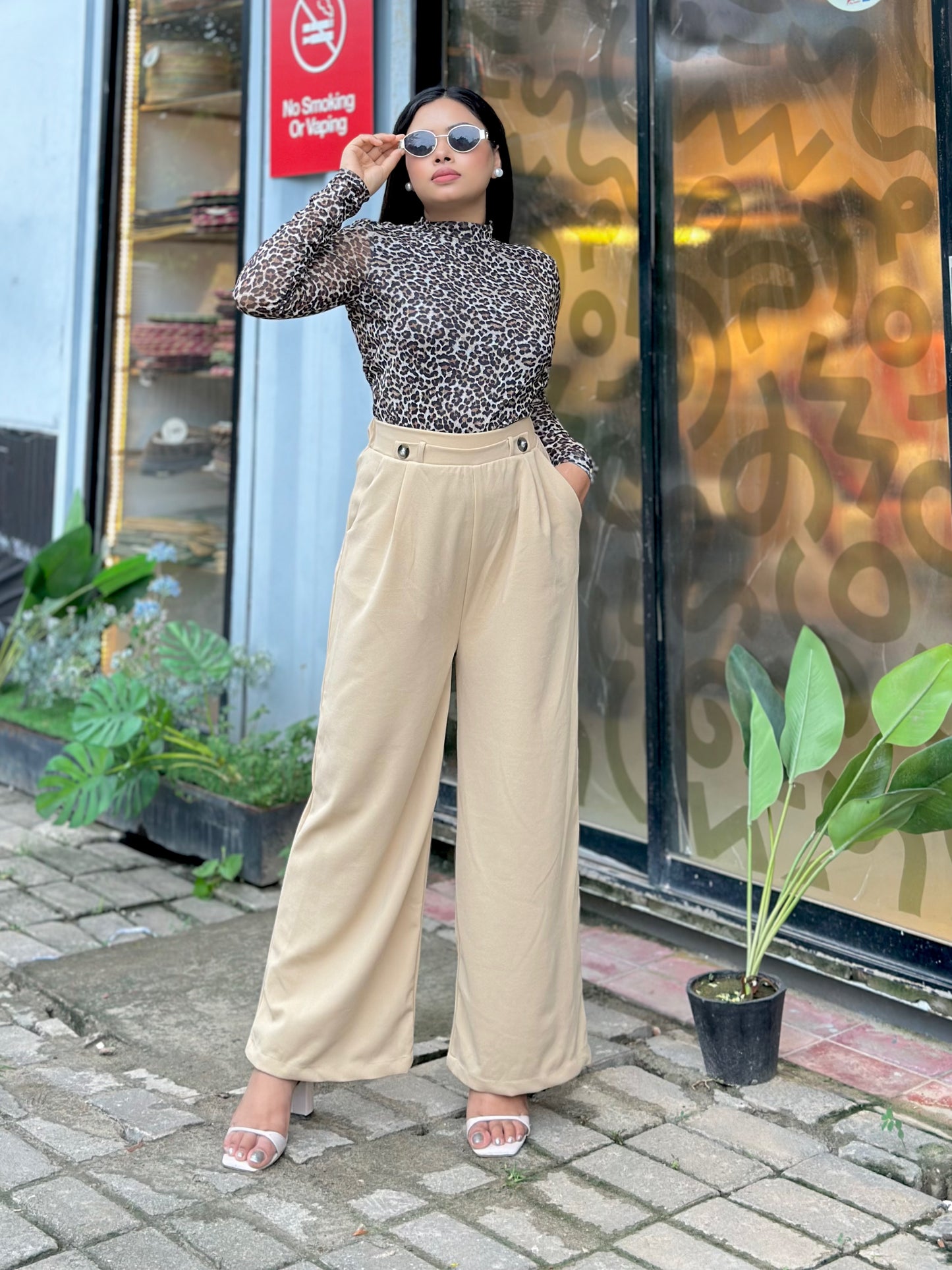 Ladies Wide Leg Pant 2 Button || Ladies Wide Leg Trousers || Biscuit
