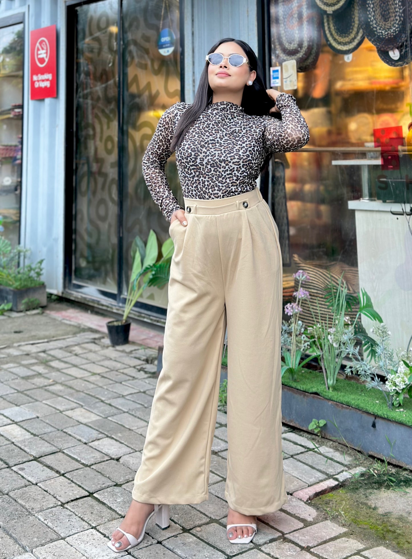 Ladies Wide Leg Pant 2 Button || Ladies Wide Leg Trousers || Biscuit