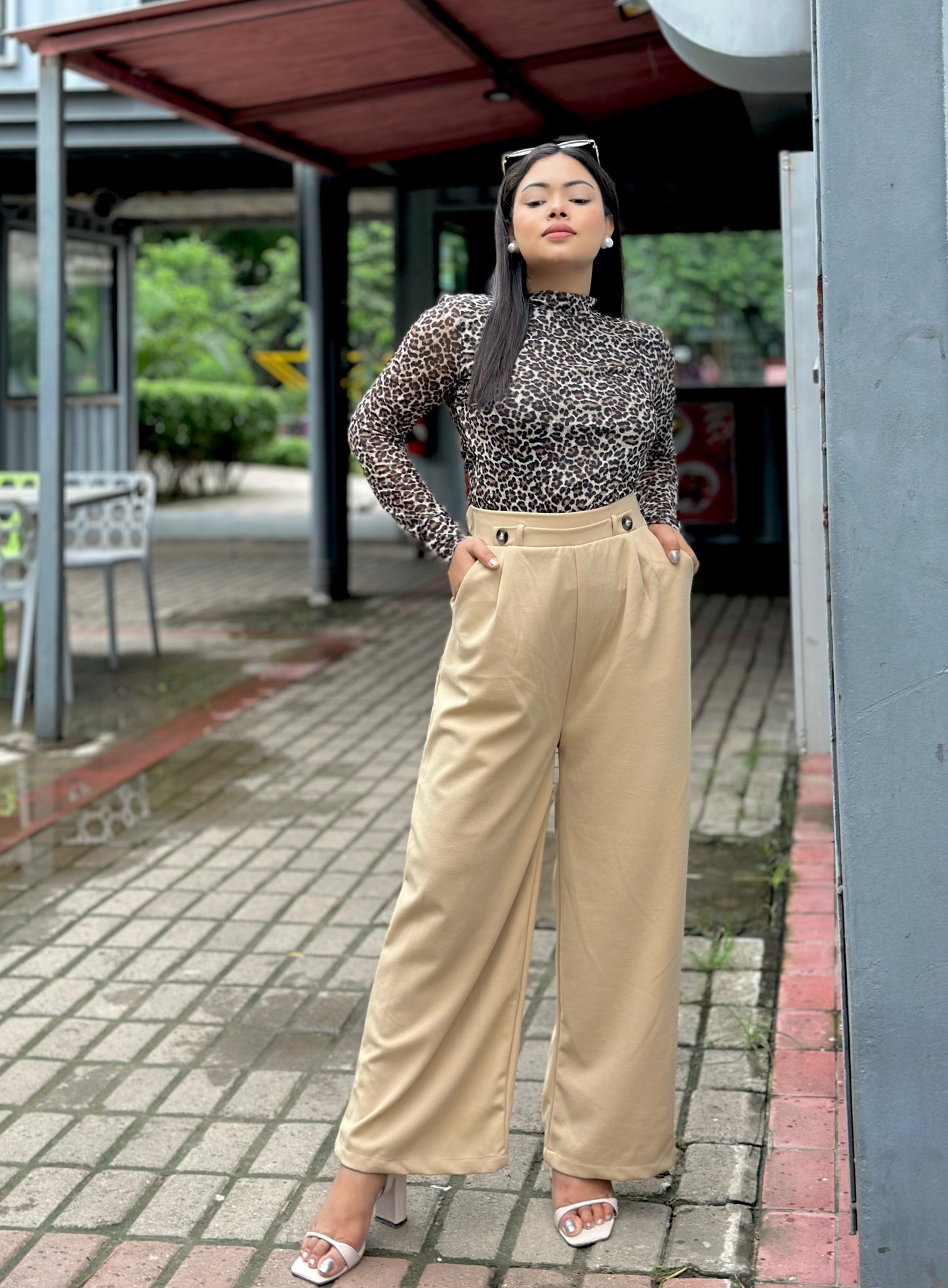 Ladies Wide Leg Pant 2 Button || Ladies Wide Leg Trousers || Biscuit