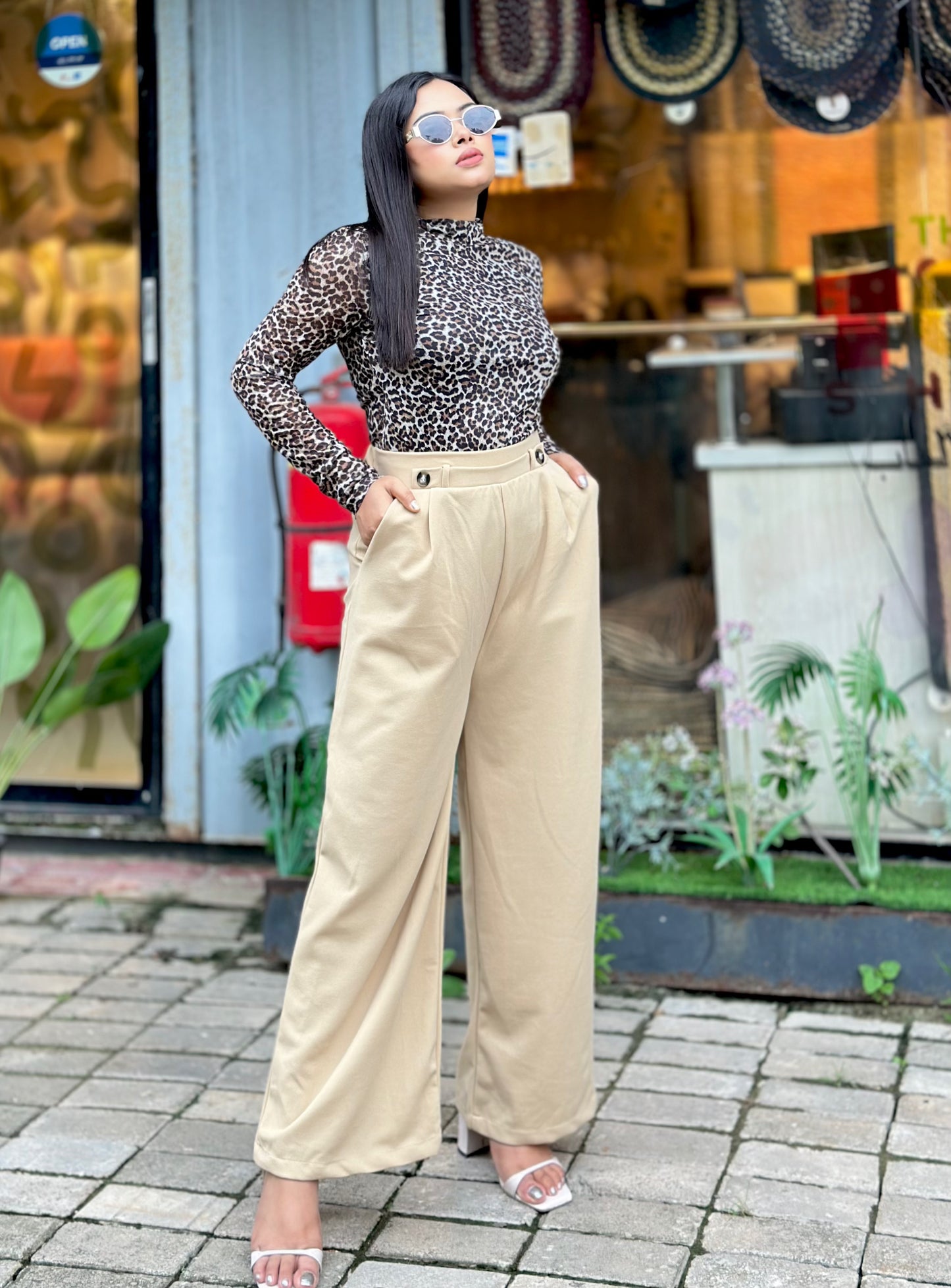 Ladies Wide Leg Pant 2 Button || Ladies Wide Leg Trousers || Biscuit