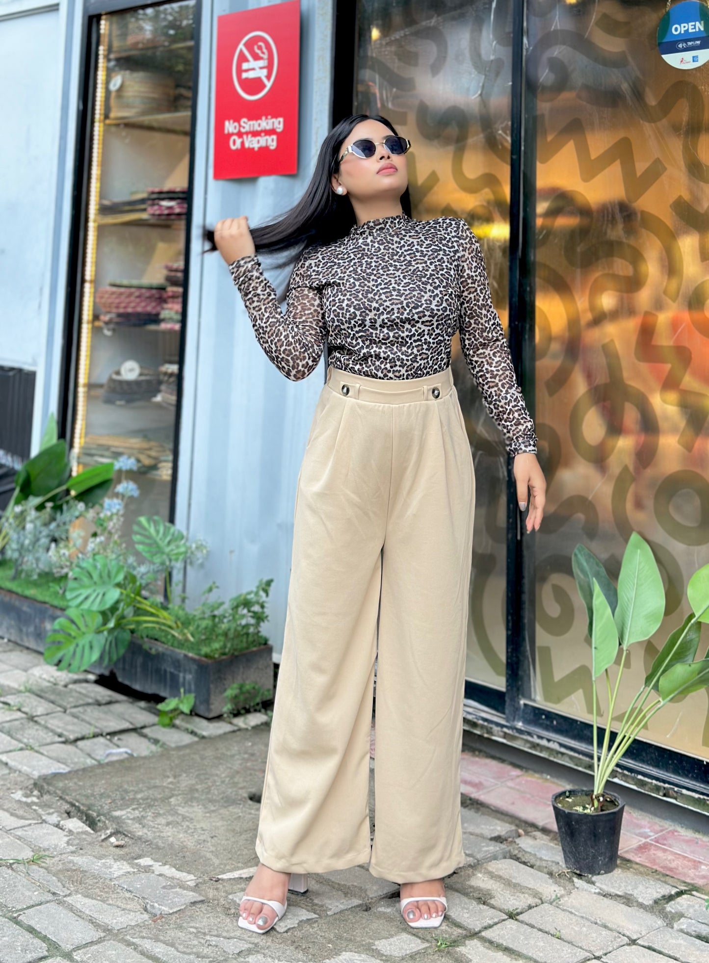 Ladies Wide Leg Pant 2 Button || Ladies Wide Leg Trousers || Biscuit
