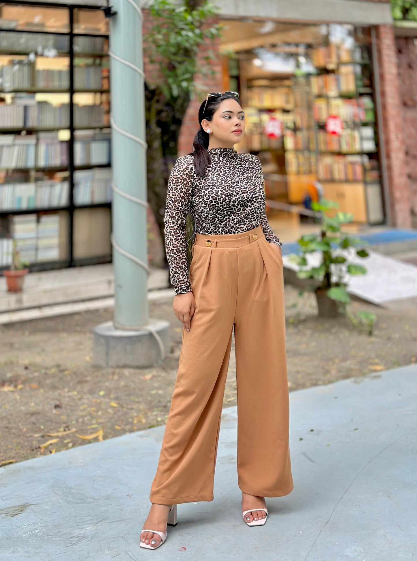 Ladies Wide Leg Pant 2 Button || Ladies Wide Leg Trousers || Light Brown