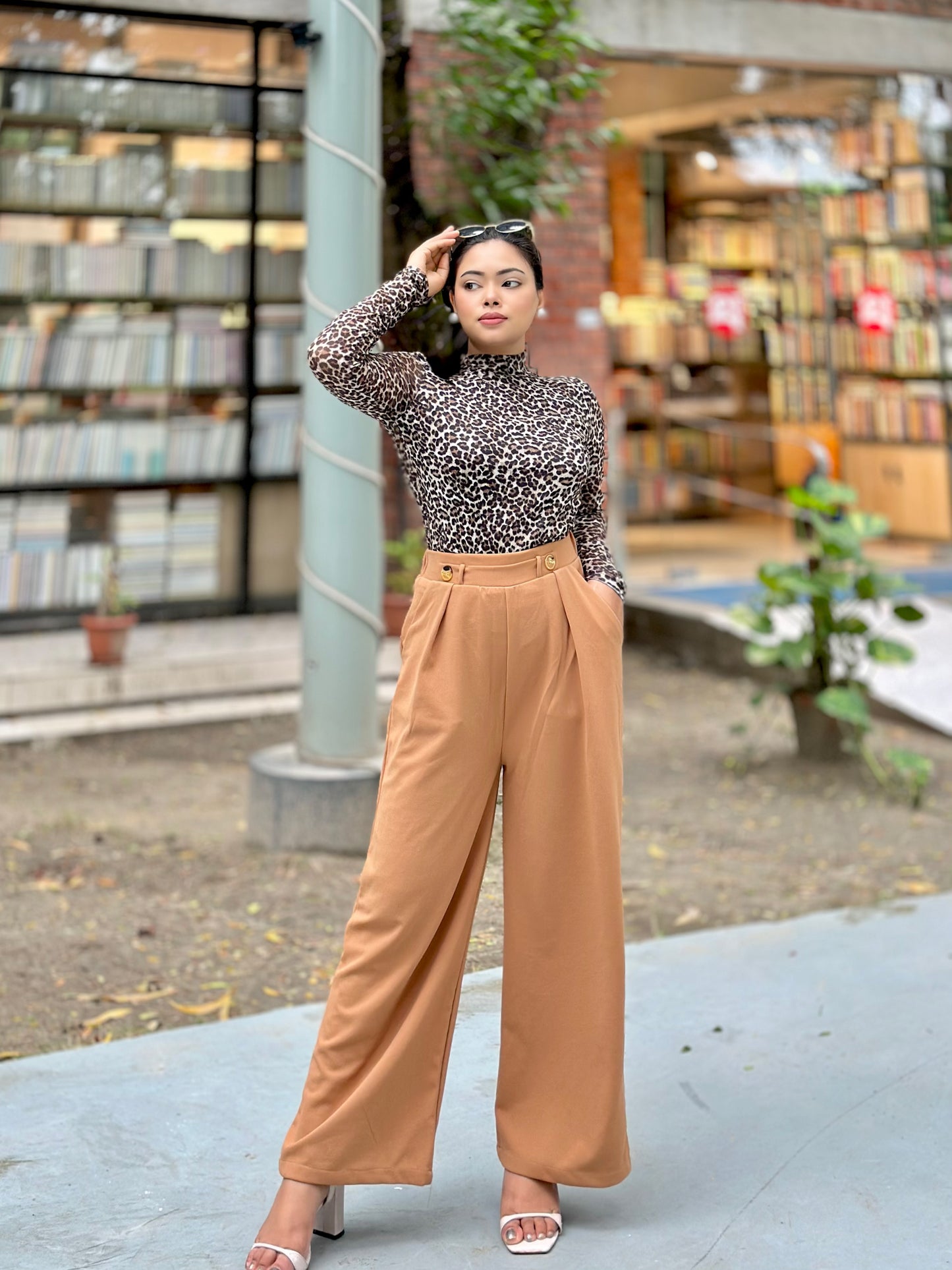 Ladies Wide Leg Pant 2 Button || Ladies Wide Leg Trousers || Light Brown