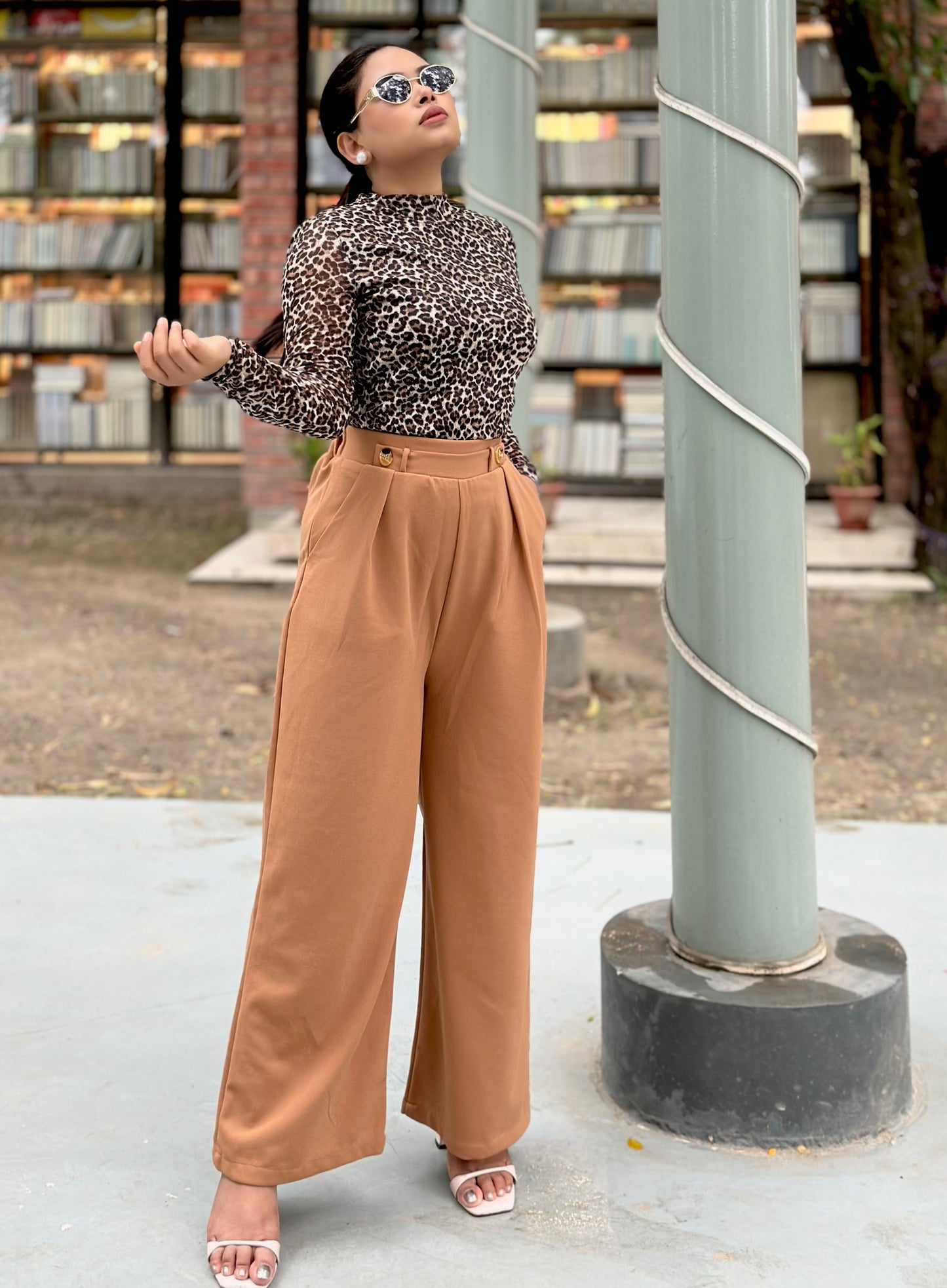 Ladies Wide Leg Pant 2 Button || Ladies Wide Leg Trousers || Light Brown