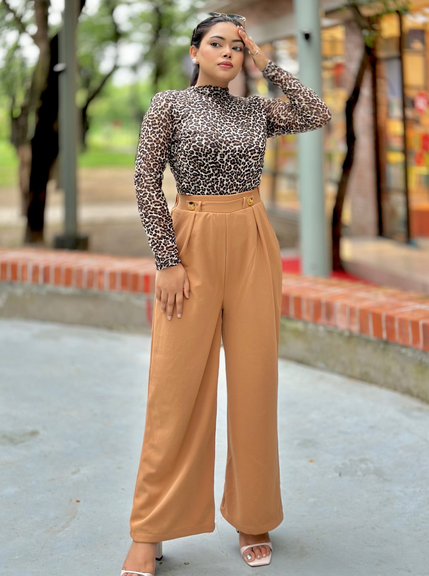 Ladies Wide Leg Pant 2 Button || Ladies Wide Leg Trousers || Light Brown