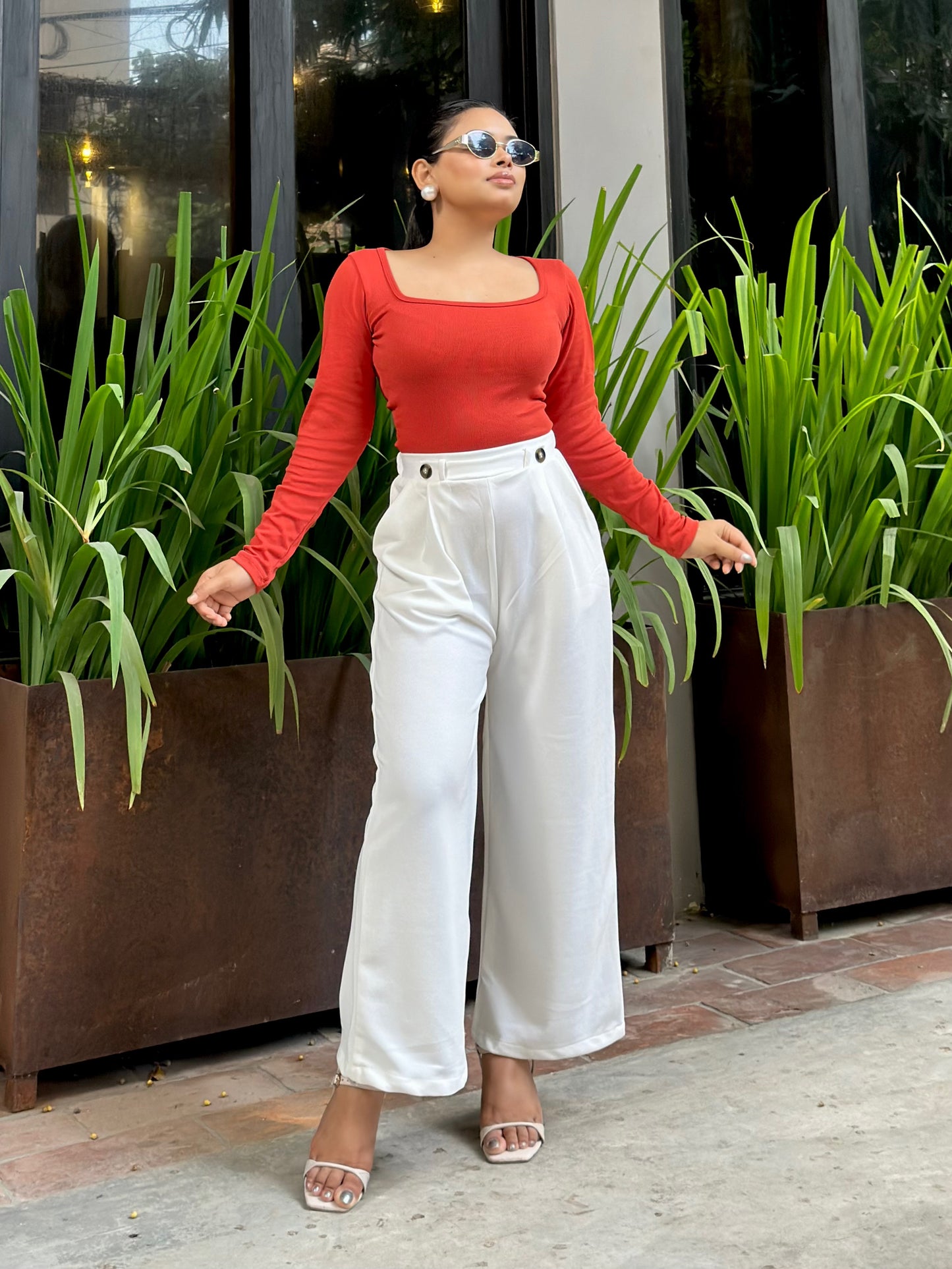 Ladies Wide Leg Pant 2 Button || Ladies Wide Leg Trousers || White