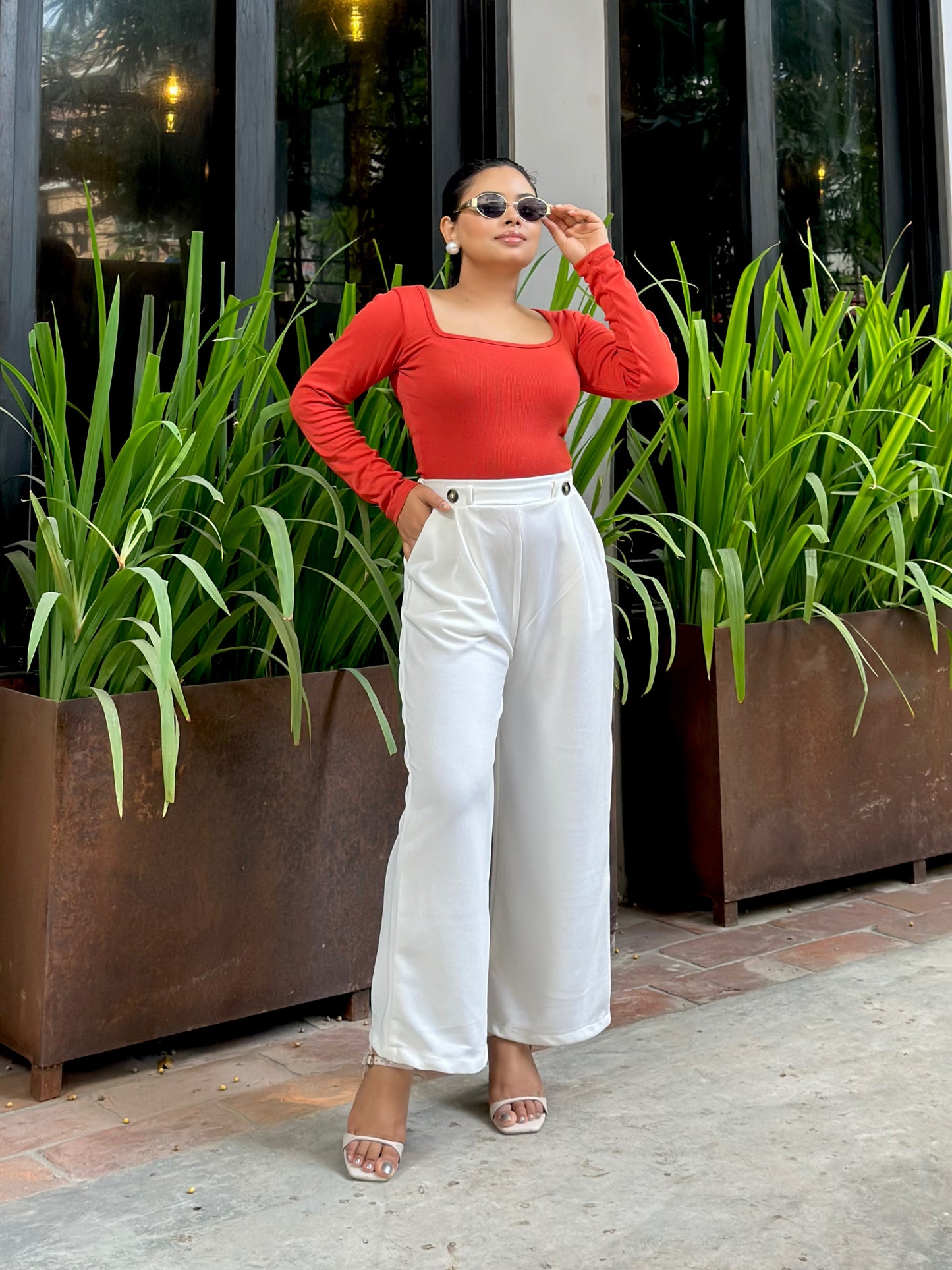 Ladies Wide Leg Pant 2 Button || Ladies Wide Leg Trousers || White