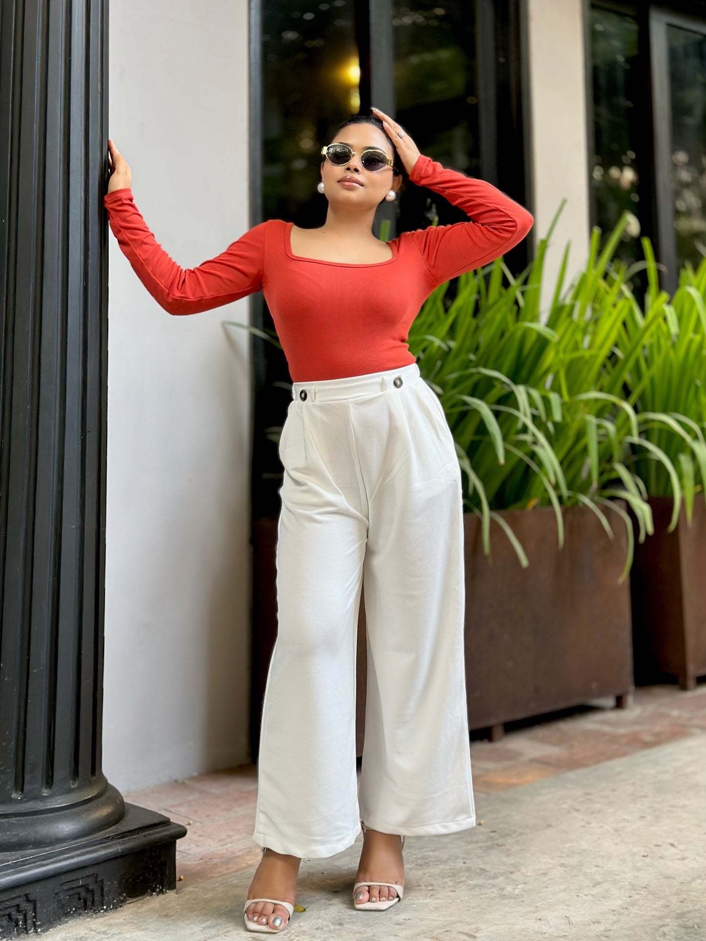 Ladies Wide Leg Pant 2 Button || Ladies Wide Leg Trousers || White