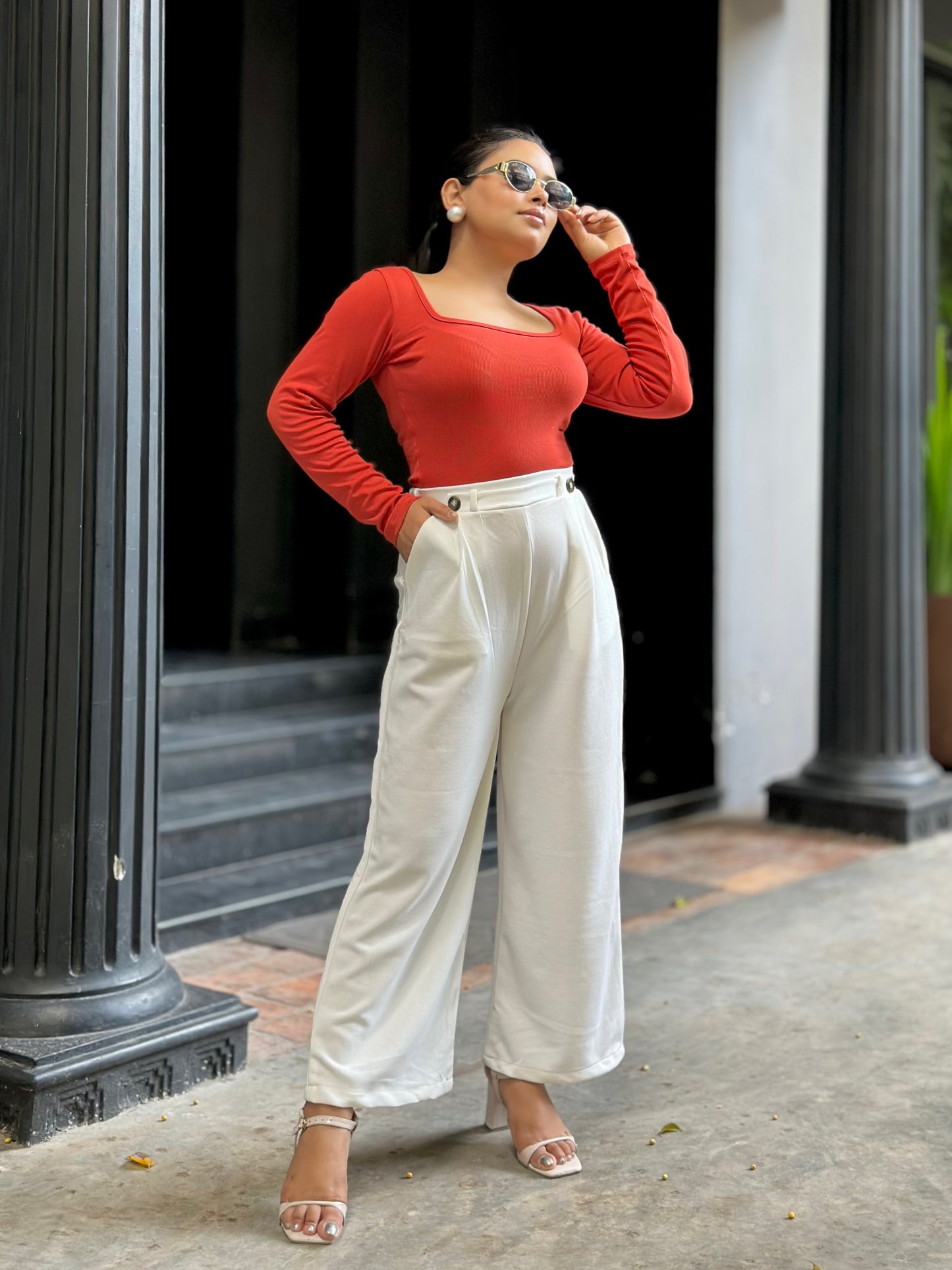 Ladies Wide Leg Pant 2 Button || Ladies Wide Leg Trousers || White