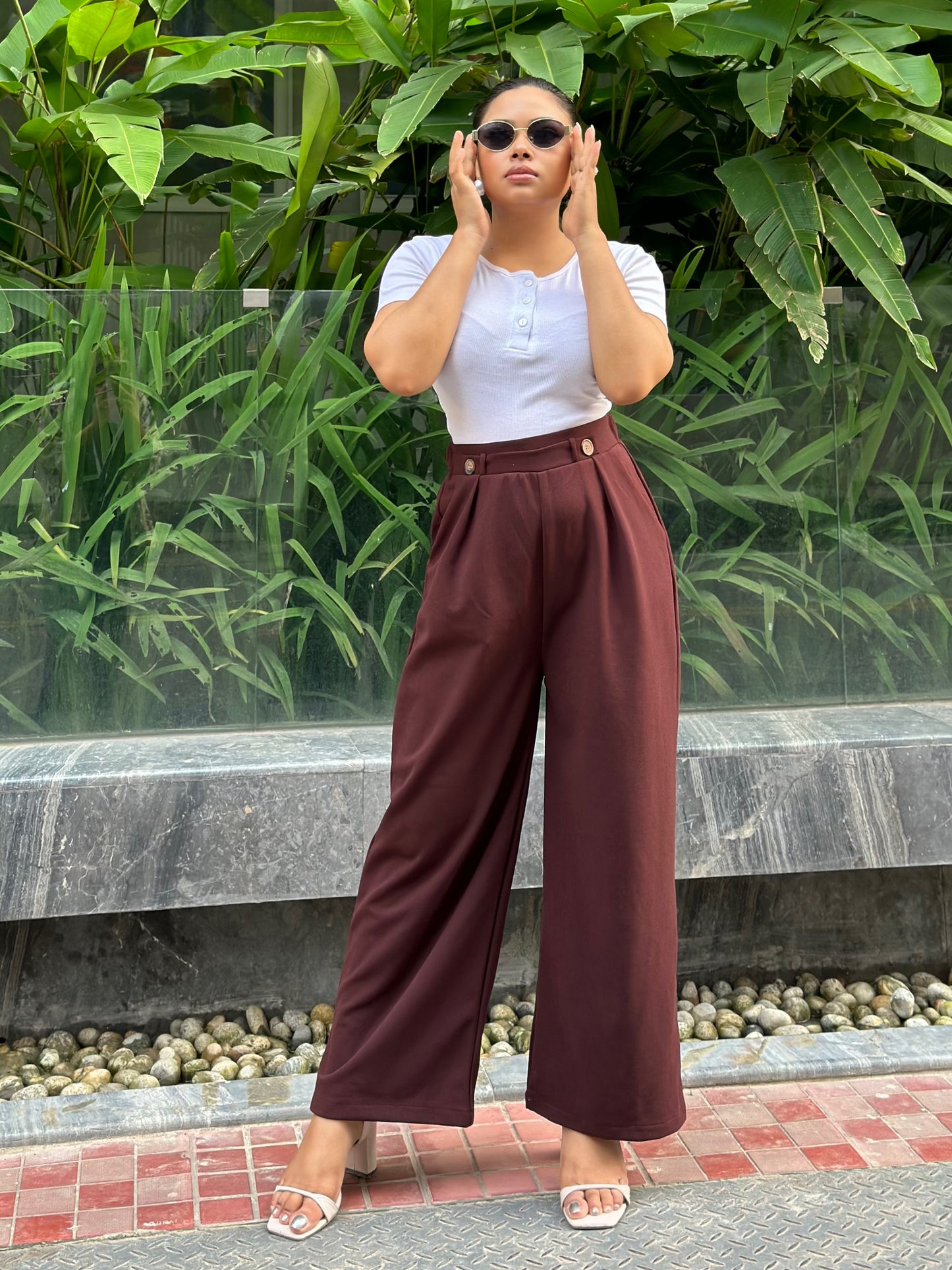 Ladies Wide Leg Pant 2 Button || Ladies Wide Leg Trousers || Wine