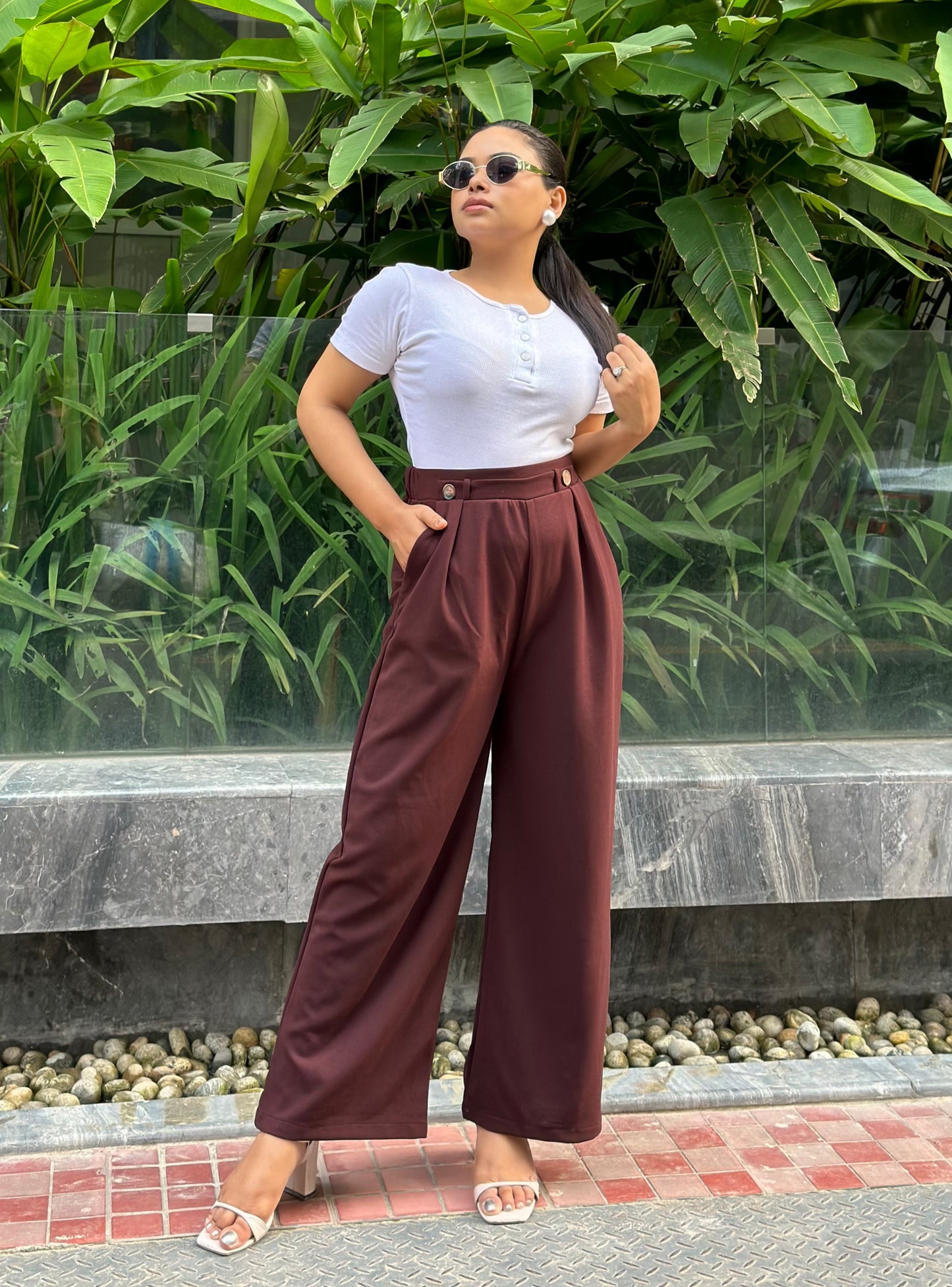 Ladies Wide Leg Pant 2 Button || Ladies Wide Leg Trousers || Wine