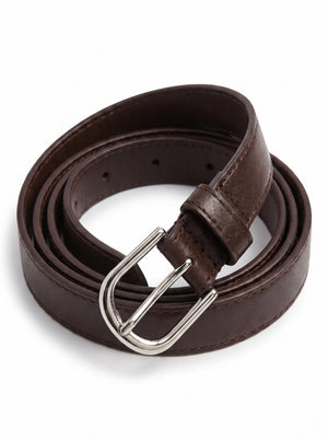 A dark brown leather belt with a silver-tone metal buckle, neatly coiled on a white background.