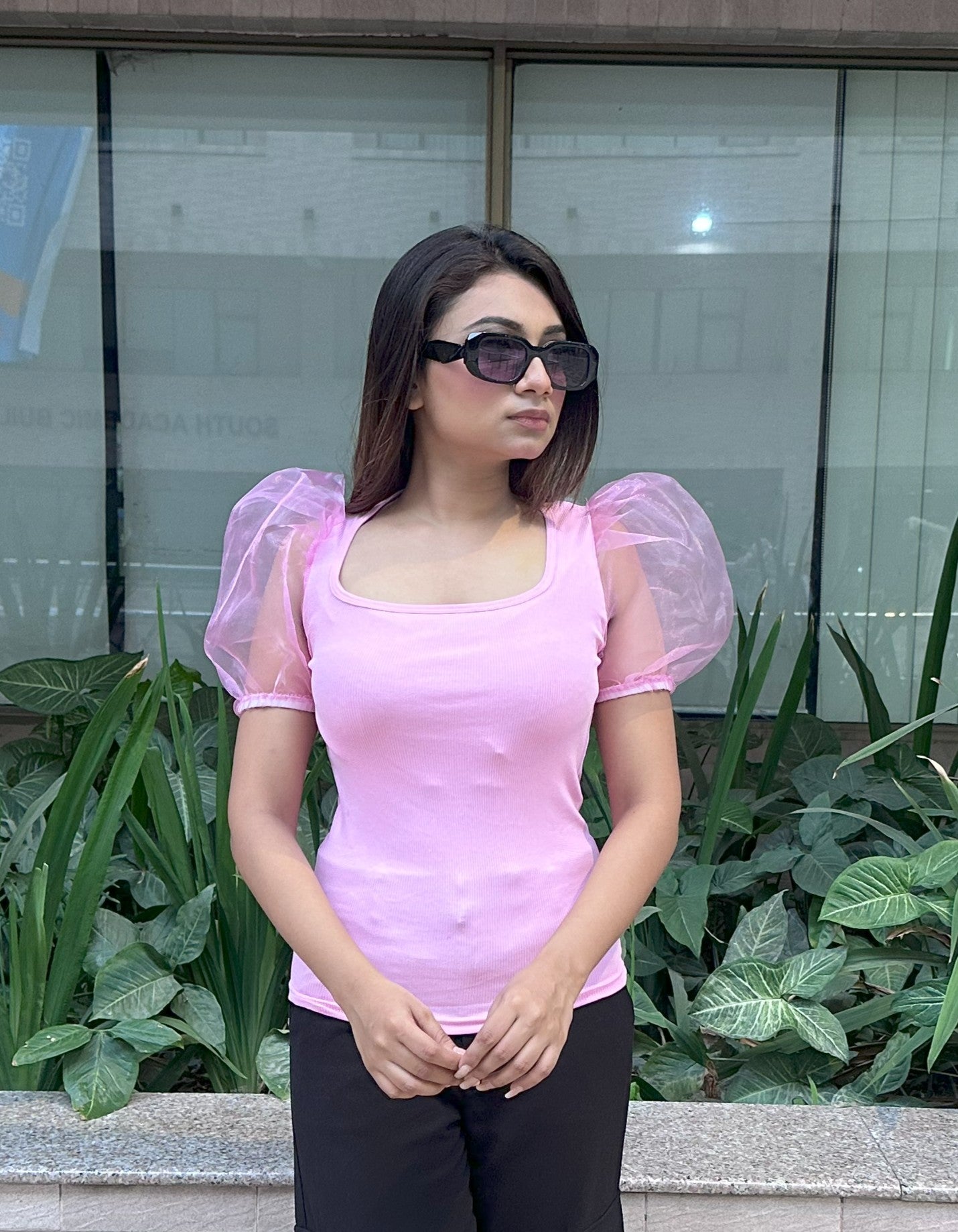 Mesh Puffy Sleeve Tops || Light Pink