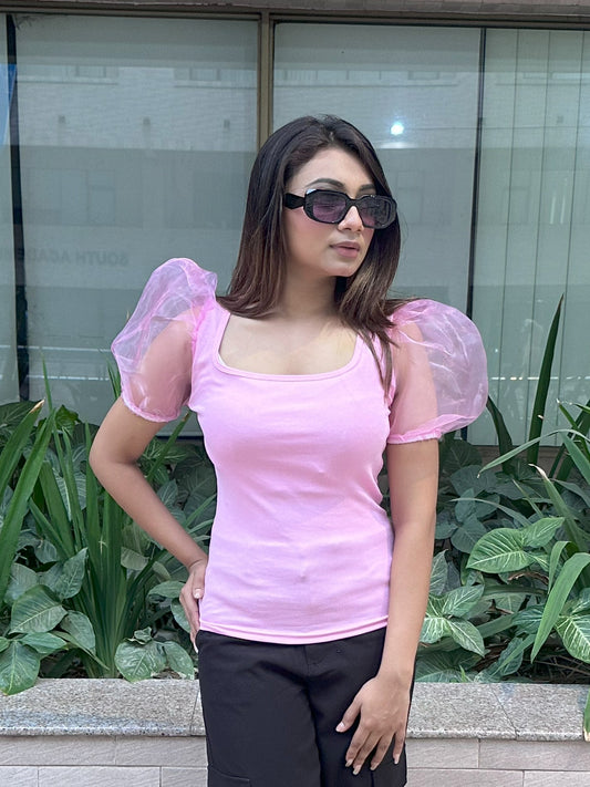 Mesh Puffy Sleeve Tops || Light Pink