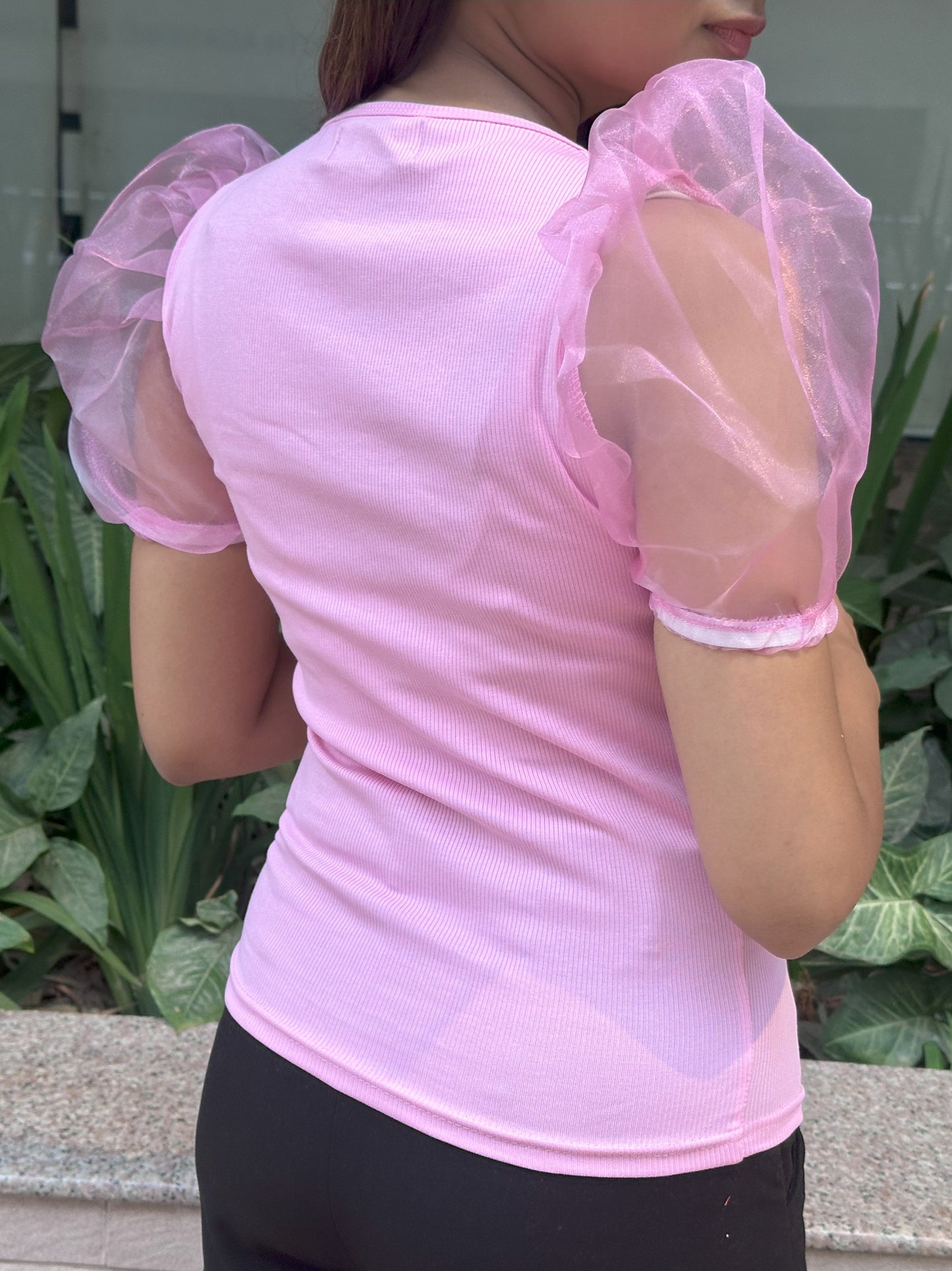 Mesh Puffy Sleeve Tops || Light Pink