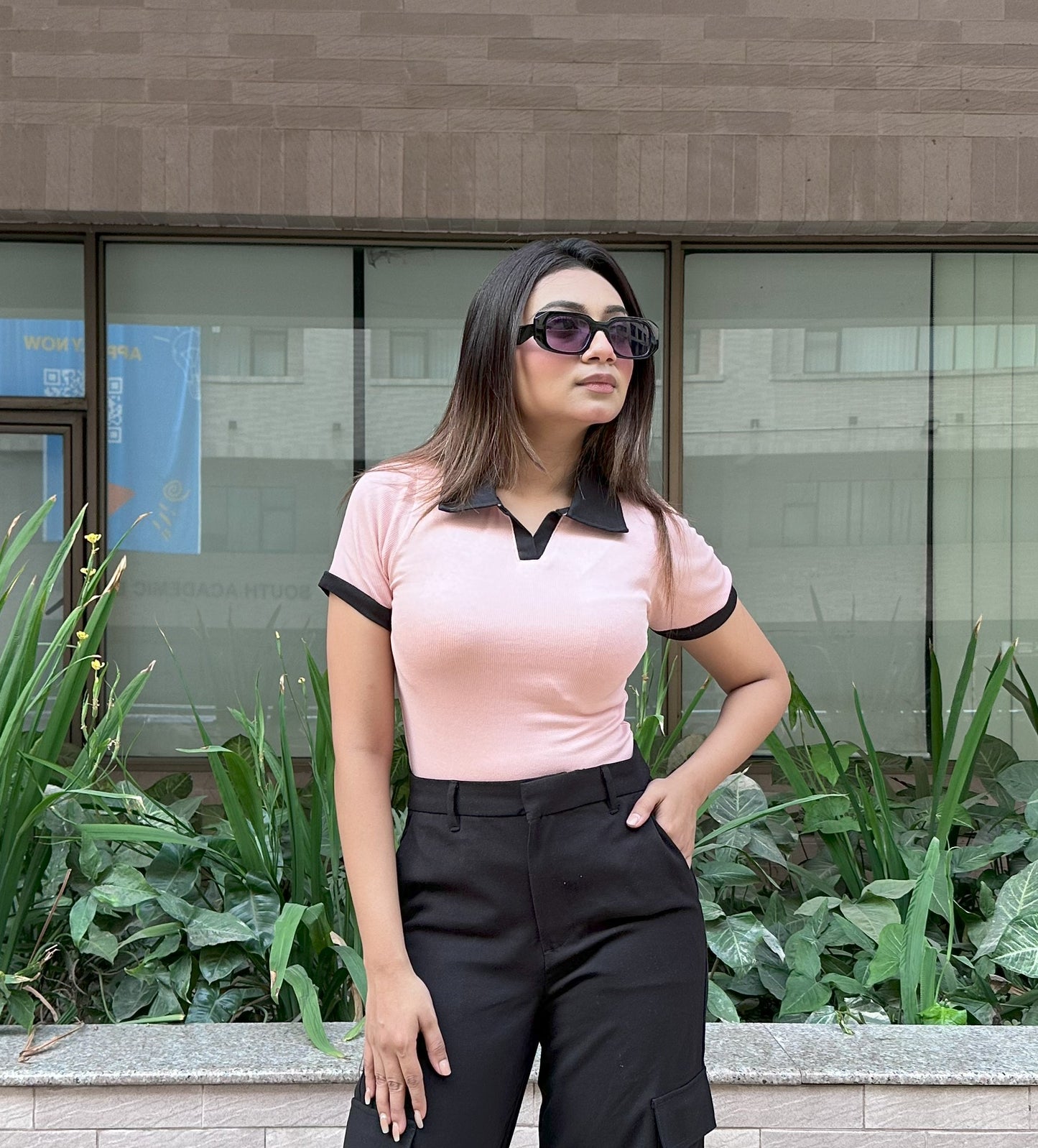 Contrast Polo T-Shirt || Pink