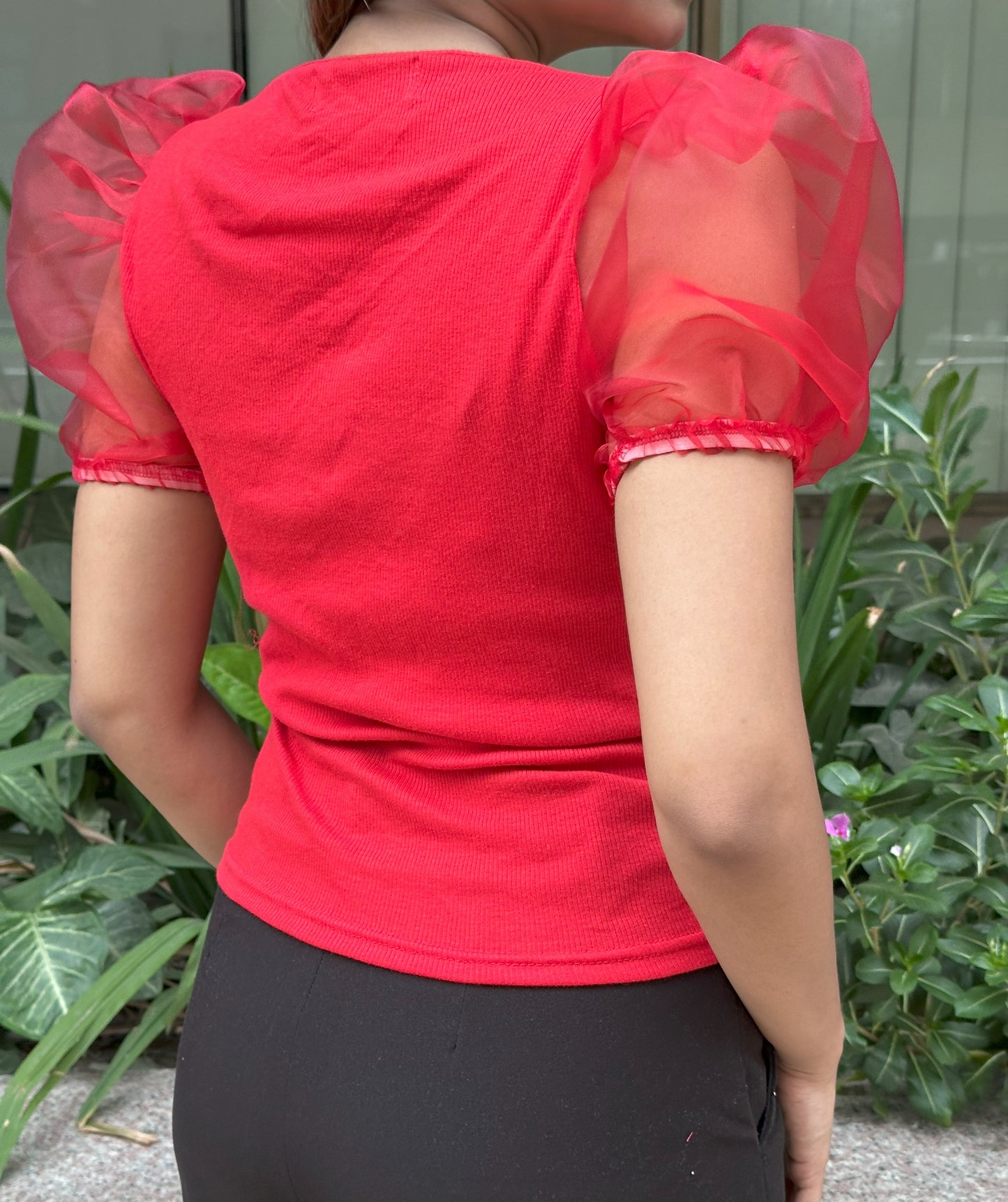 Mesh Puffy Sleeve Tops || Red